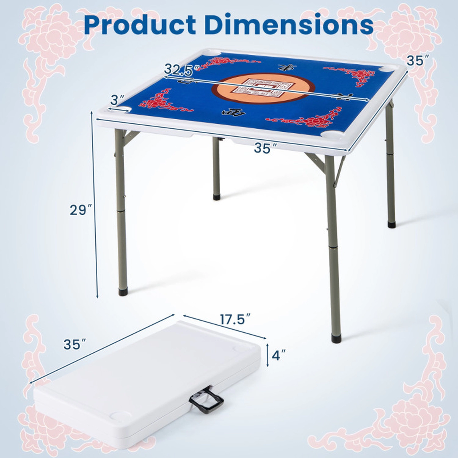 SUGIFT 35-in 180-lb 4-Player Folding Mahjong Card Table with Felt Mat Cup Holders and Carrying Bag