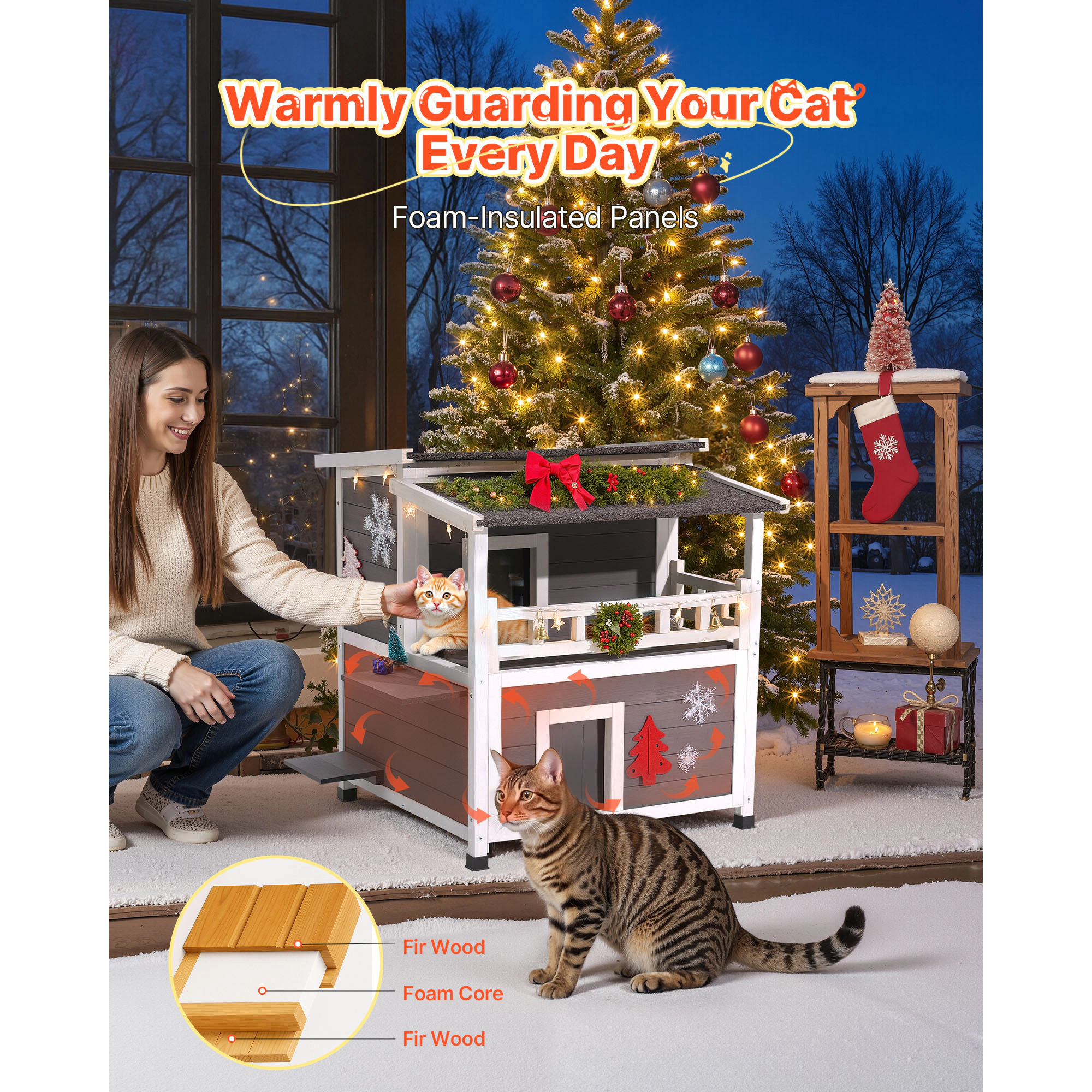 HONGGE Outdoor Wooden Cat House Shelter for Feral Cats in Winter with Waterproof Roof