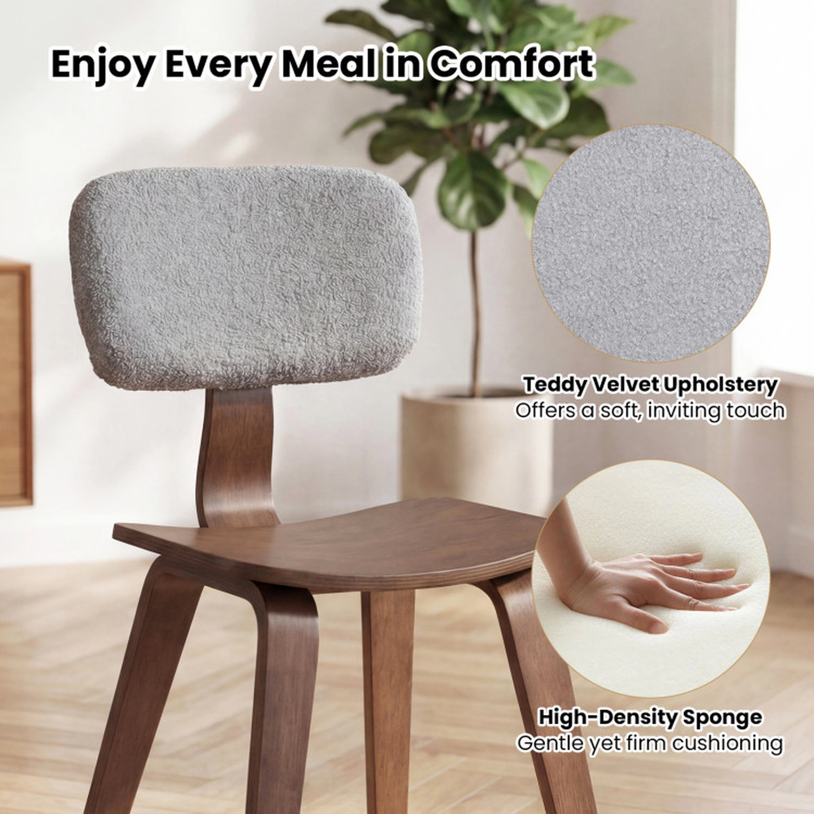 SUGIFT Walnut Rubber Wood Teddy Velvet Padded Backrest Set of 2 Dining Chairs