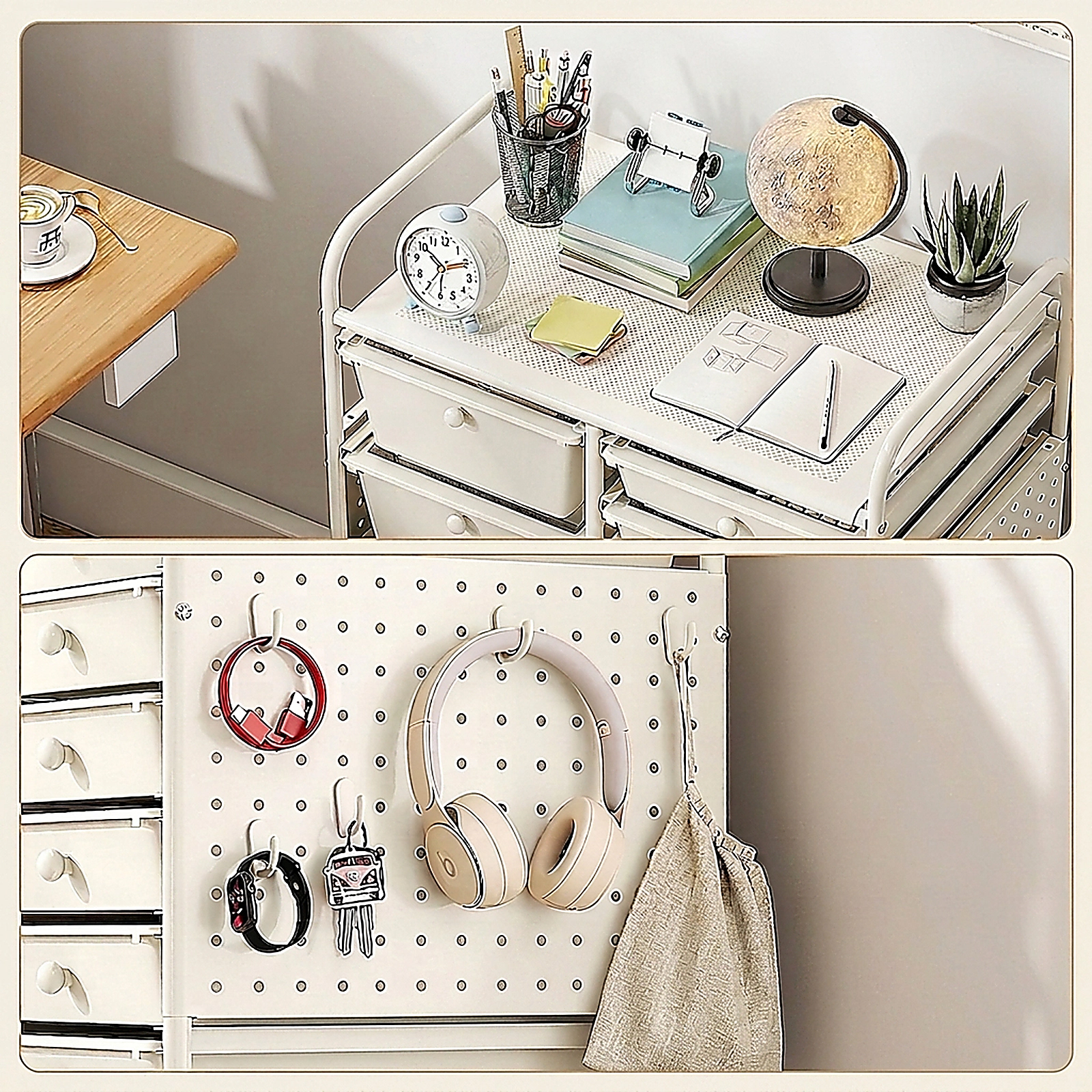 SUGIFT White 34-in 15-Drawer Rolling Cart Craft Organizer with Pegboard Metal Tabletop and Locking Wheels