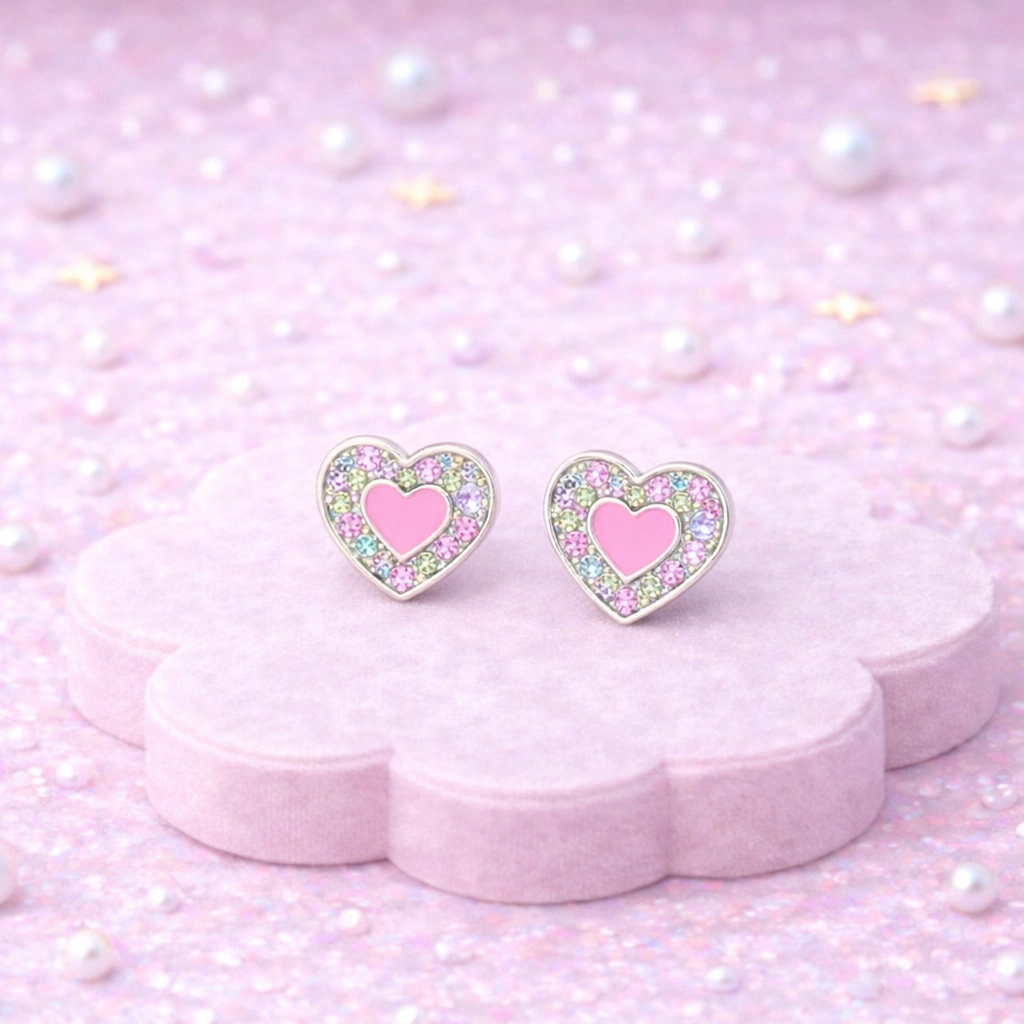 CHANTEUR Kids Heart Stud Earrings - Hypoallergenic Surgical Titanium Screwback, Silver-Plated with Pink Cubic Zirconia