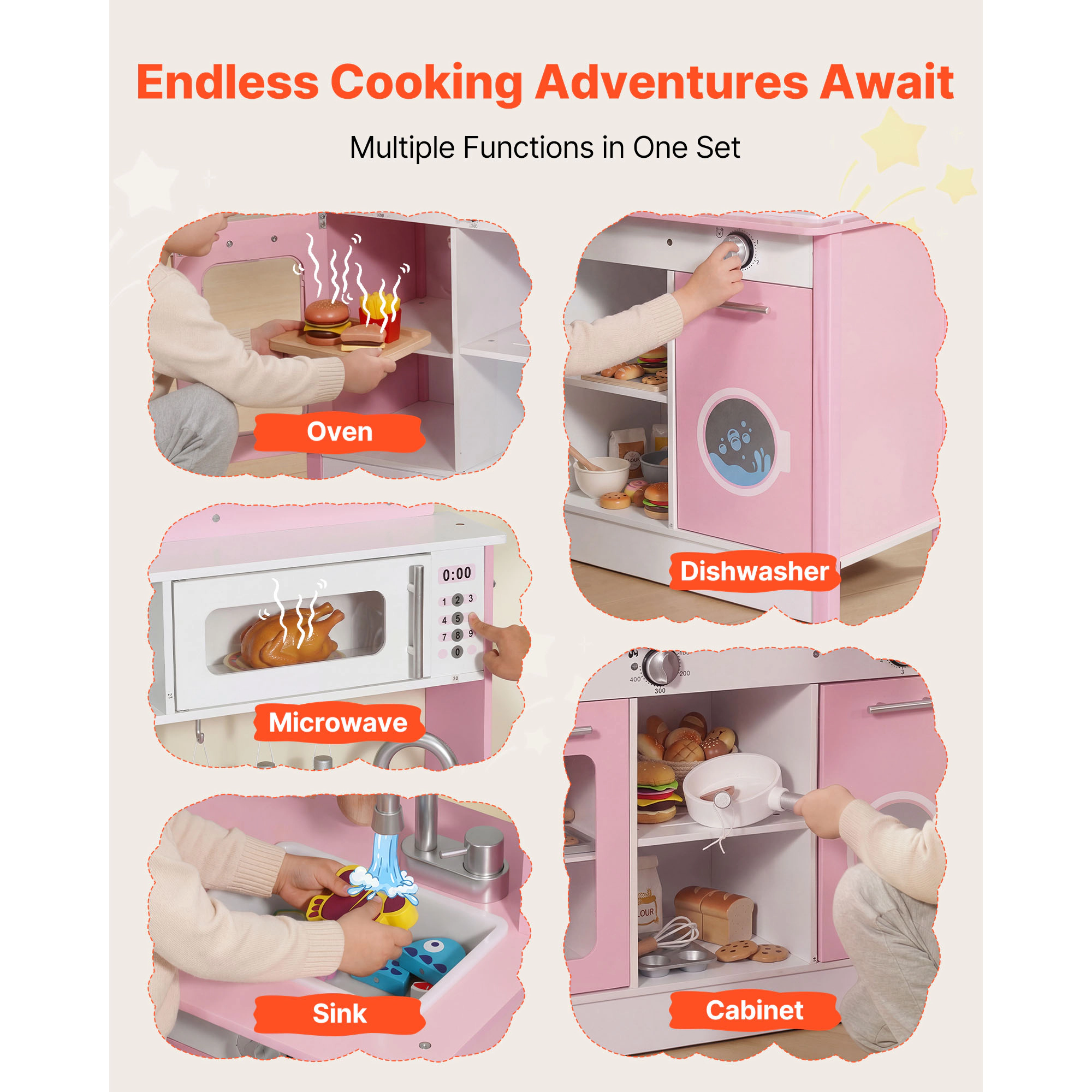HONGGE Play Kitchen for Kids, Wooden, Kids Playset with Real Lights & Sounds, Food Cookware