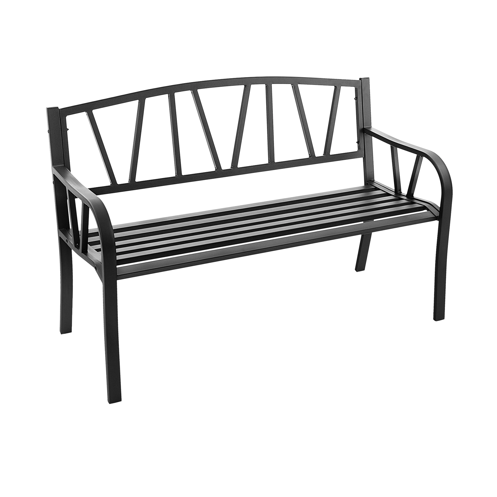 SUGIFT 50-Inch Black Metal Outdoor Patio Bench, Slatted Seat, Curved Arms
