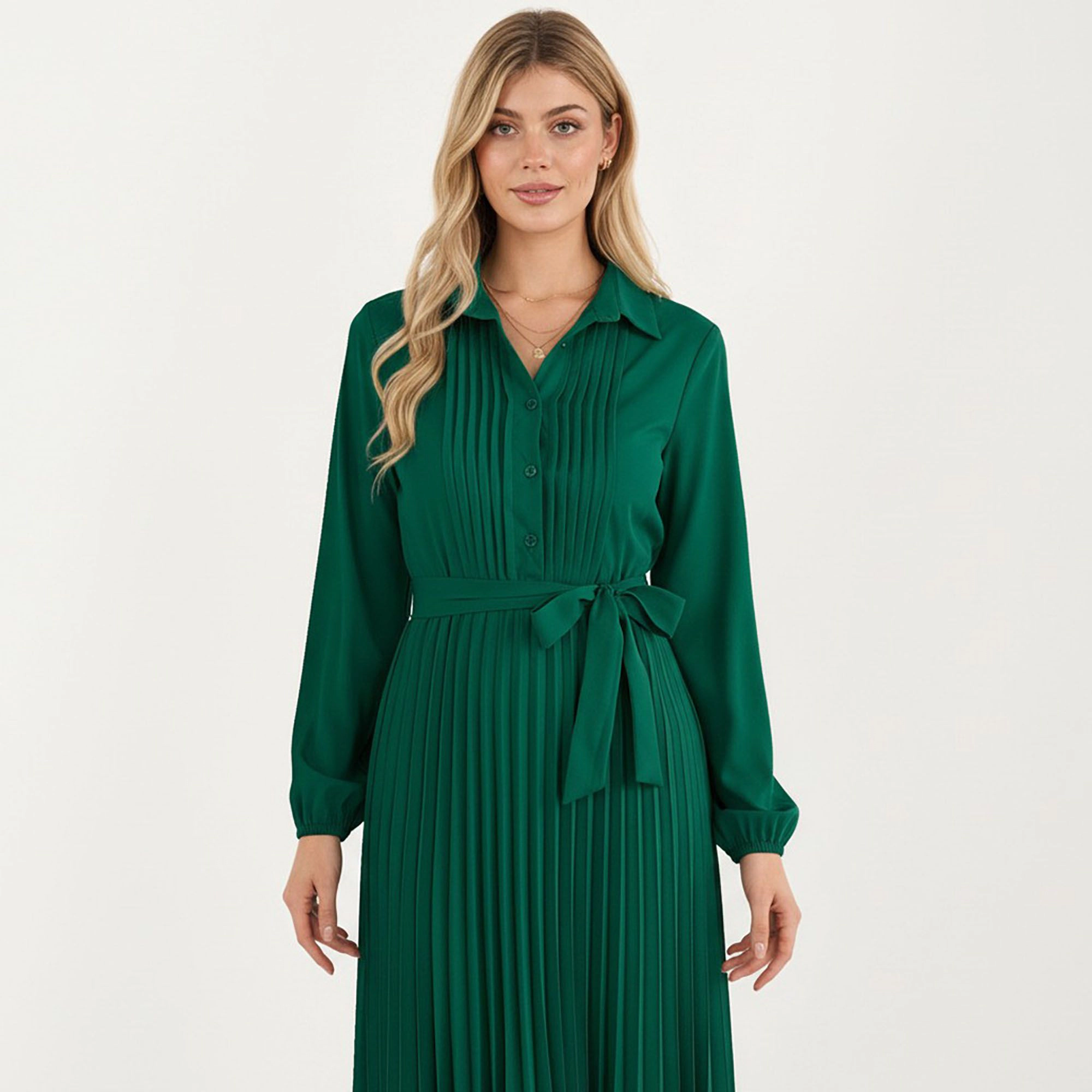 Anna-Kaci Women's Pleated Button Down Front Long Sleeve Waist Tie Midi Dress