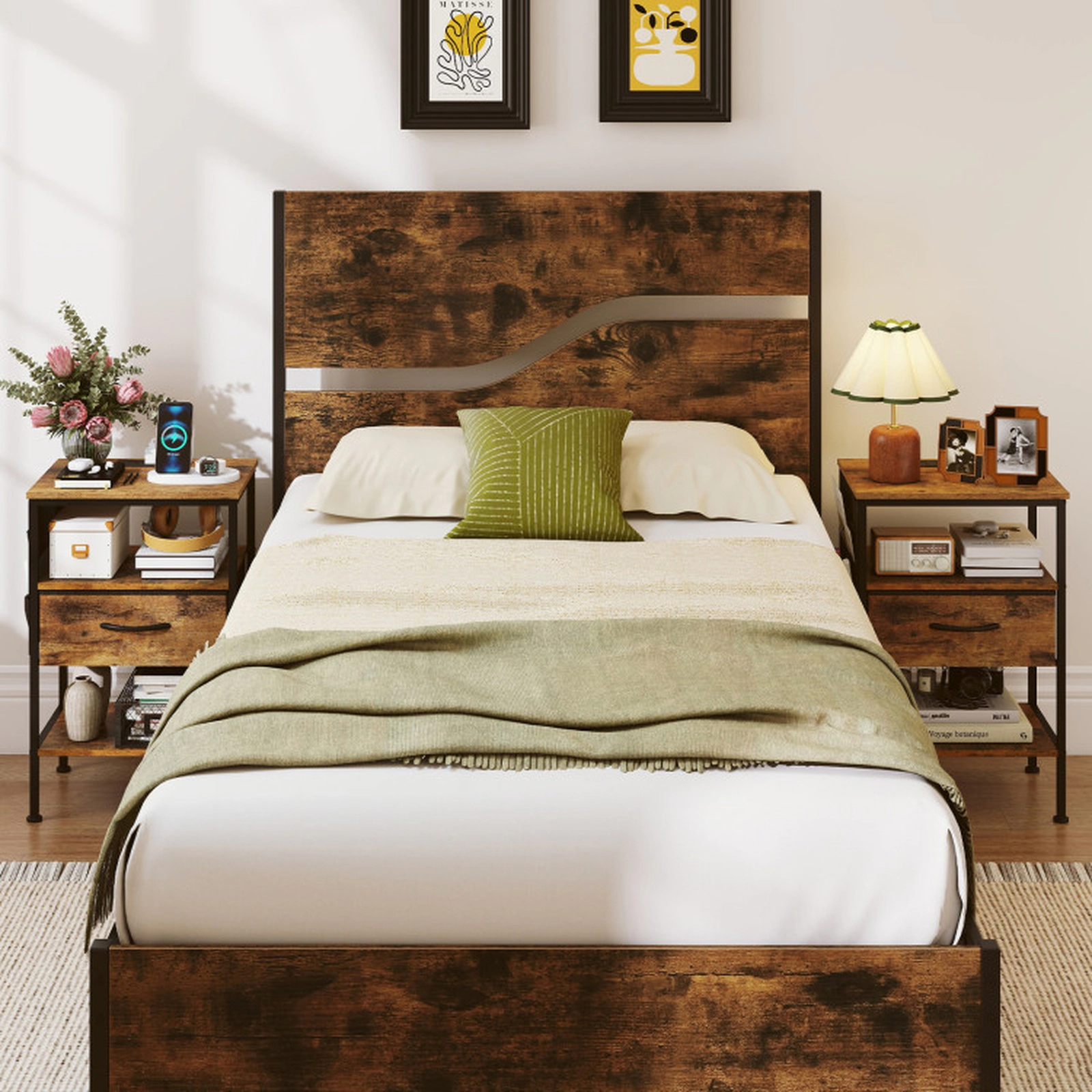 SUGIFT 24.5-in Rustic Brown Metal Nightstand with Charging Station, Fabric Drawer and Side Pocket