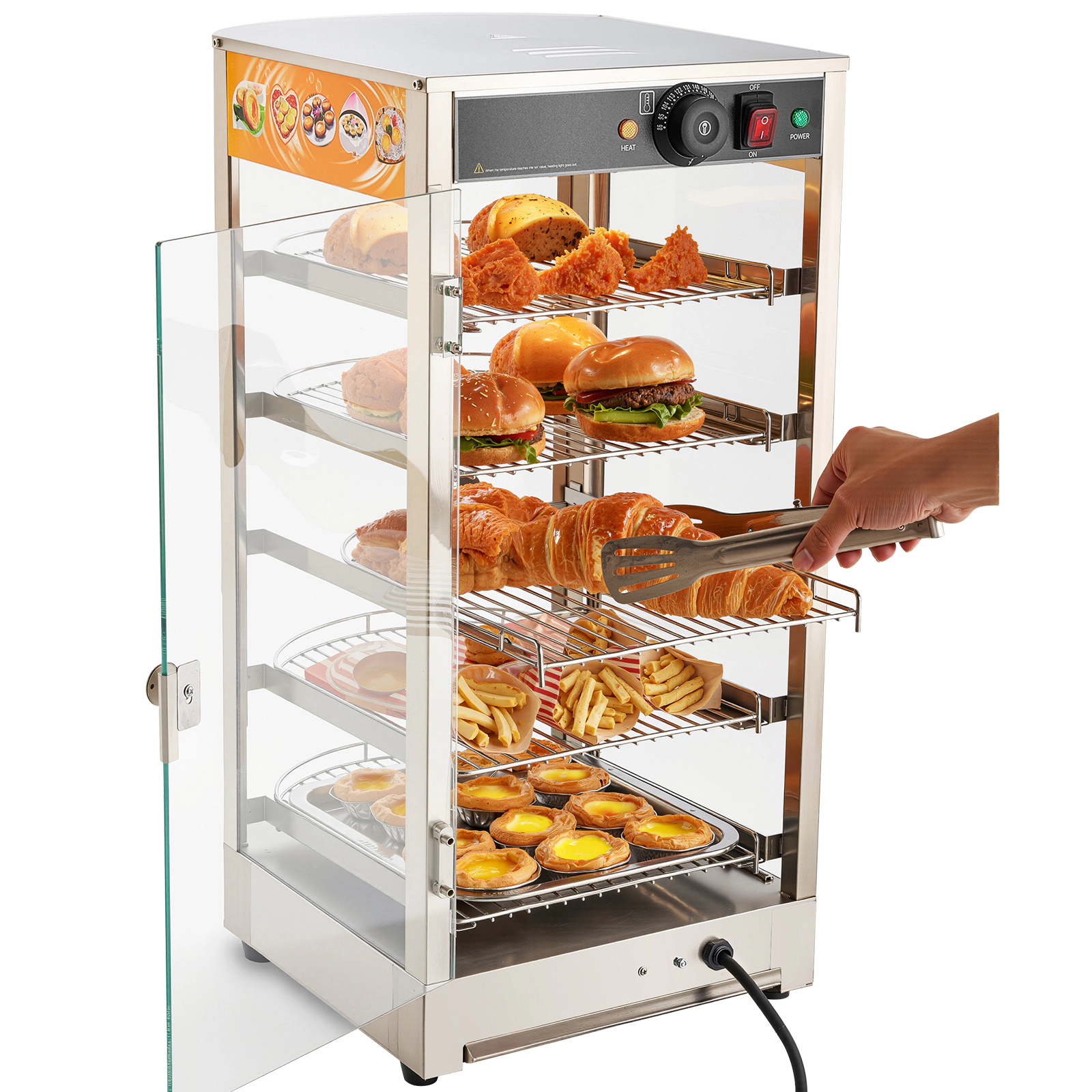 HONGGE Commercial Food Warmer Display 800W Food Display Warmer with LED Light Adjustable Shelf and Stainless Steel