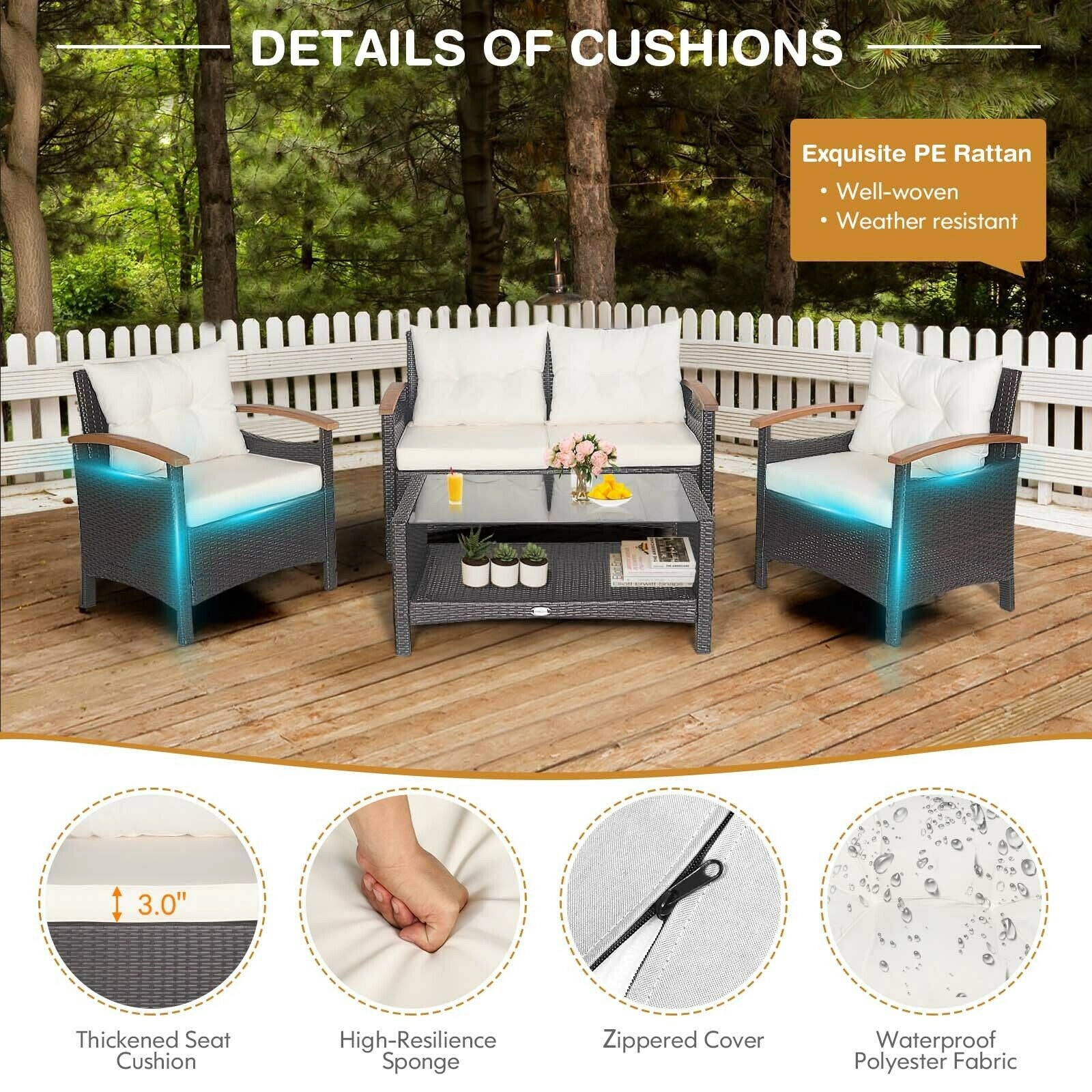 SUGIFT 4-Piece Mixed Brown Rattan Patio Conversation Set with Loveseat, 2 Sofas and Glass Coffee Table