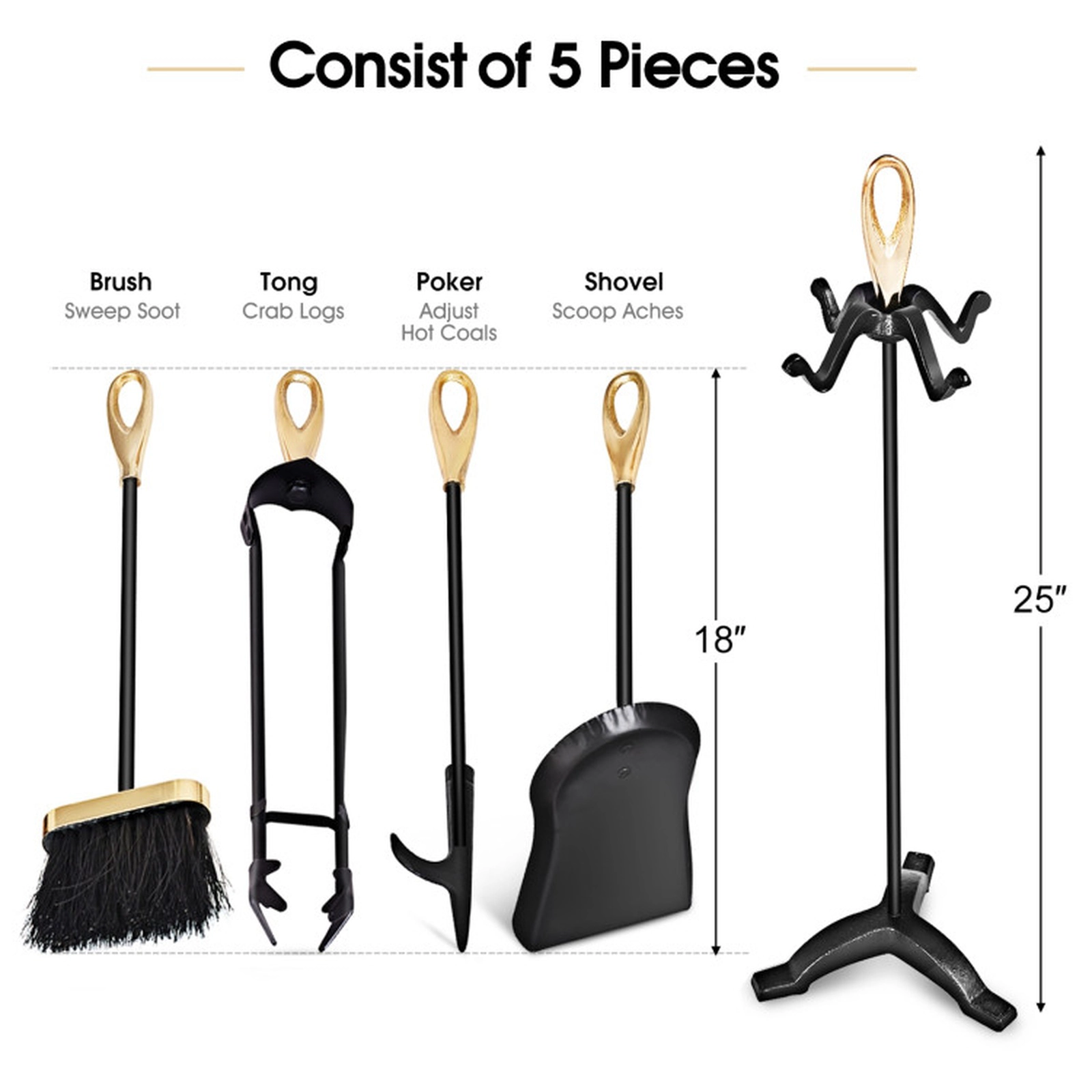 SUGIFT 5-Piece Gold and Black Iron Fireplace Tool Set with 25-Inch Loop-Top Stand