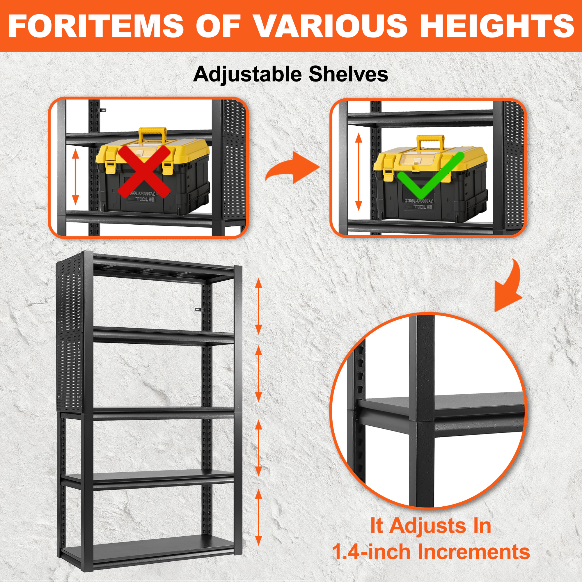 Flynama 5 Tier Black Metal Utility Shelving 47.2W x 23.6D x 72H in with Pegboard Solid Ventilated Shelves Heavy Duty