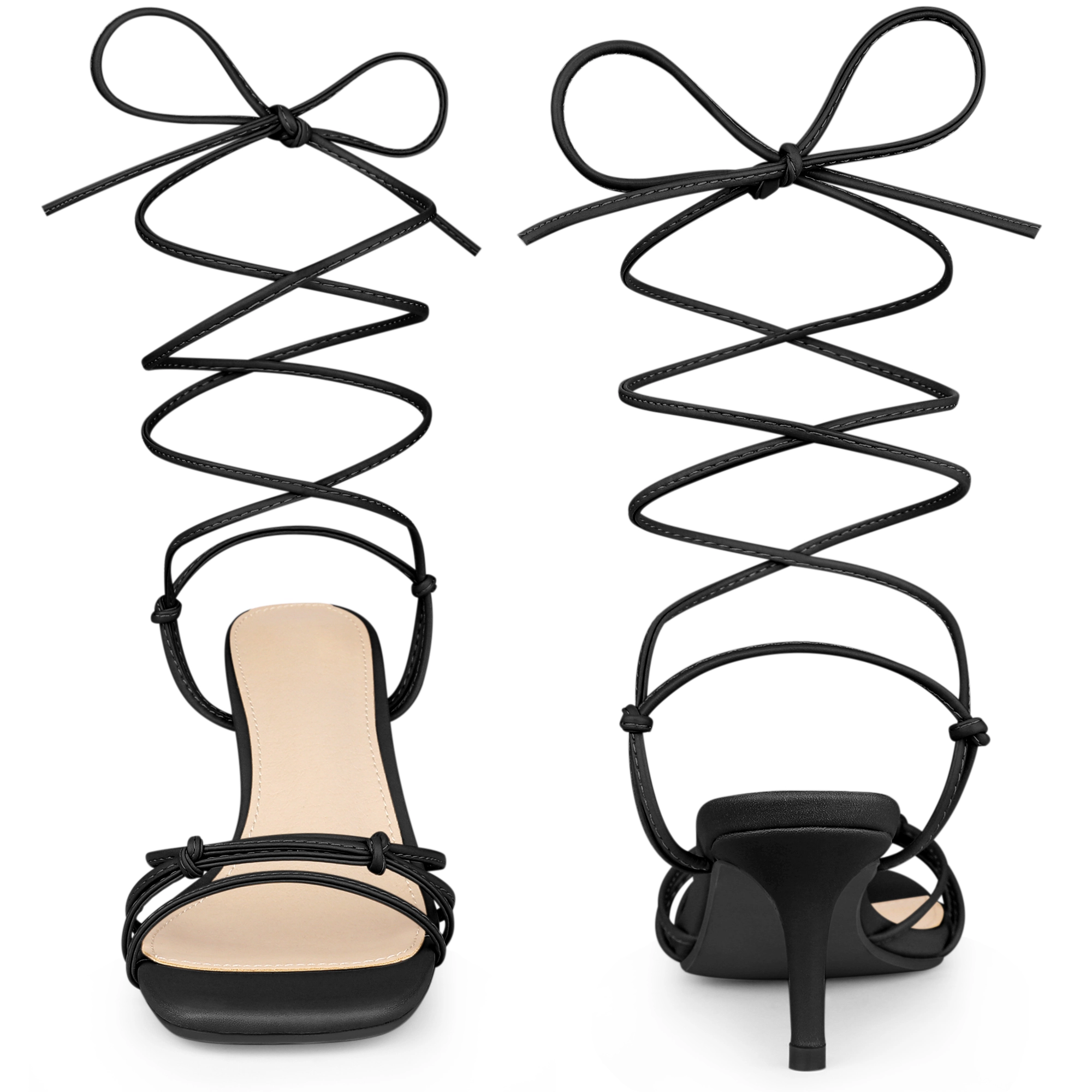 BLISSFUL STEP Women's Kitten Heel Lace Up Square Toe Strappy Heels Sandals