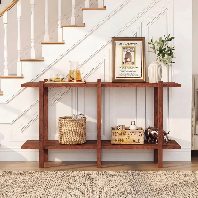 Hivvago 2-Tier Wood Bookshelf Low Horizontal Rubberwood Bookcase for Display