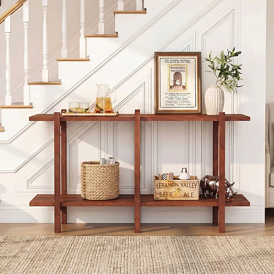 Hivvago 2-Tier Wood Bookshelf Low Horizontal Rubberwood Bookcase for Display