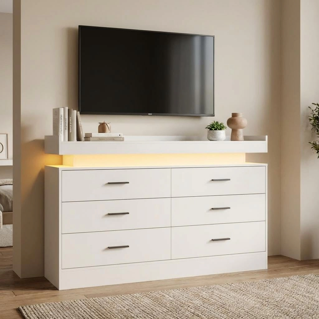Modern TV Stand Dresser with LED Lights & Charging Station, Floating Top Sideboard Cabinet 6 Drawers