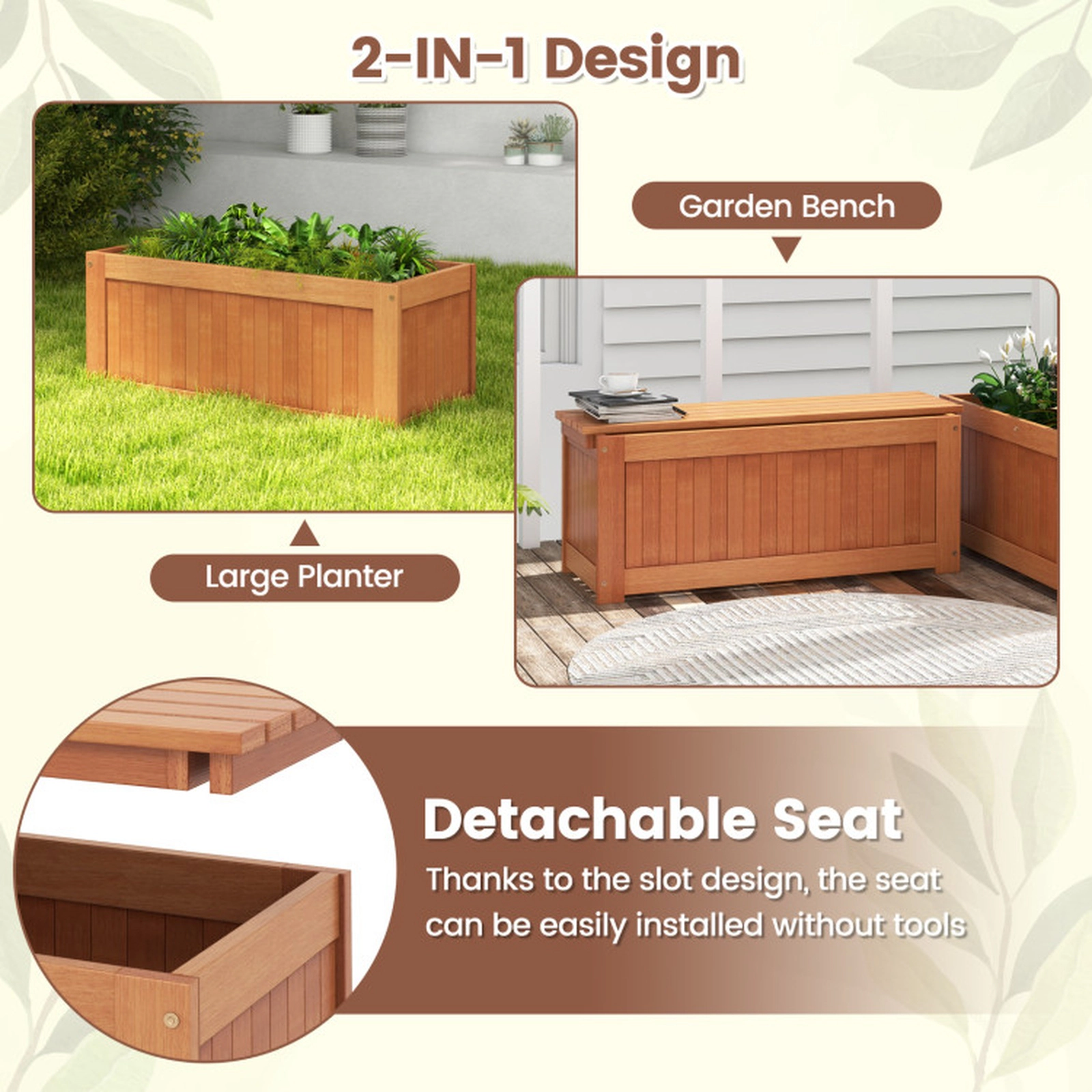 SUGIFT Outdoor Planter Bench with Rectangular and Small Planter Boxes 330-lb Capacity Natural