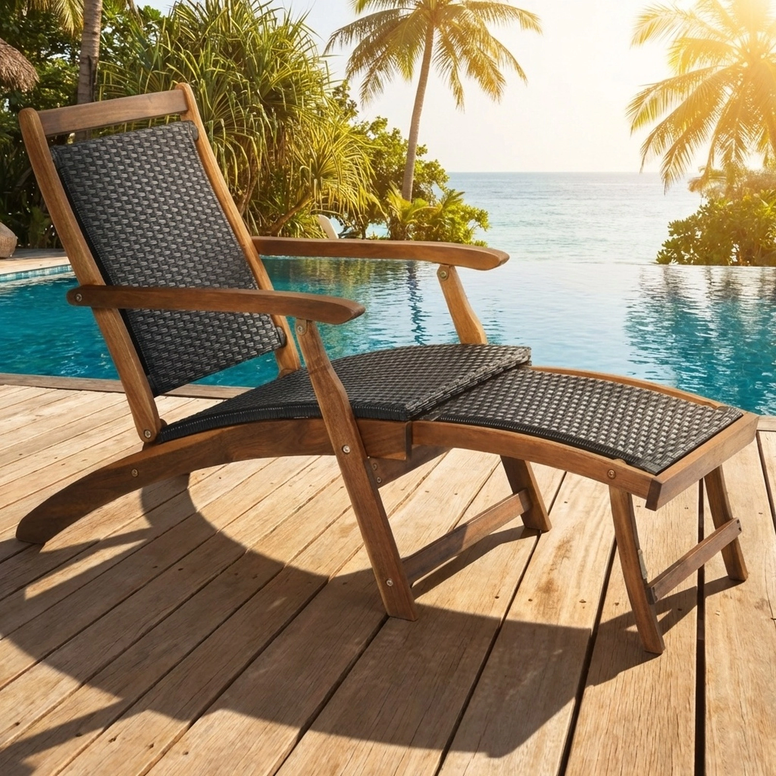 SUGIFT Brown Retractable Footrest 360-lb Patio Rattan Folding Lounge Chair Acacia Wood Frame