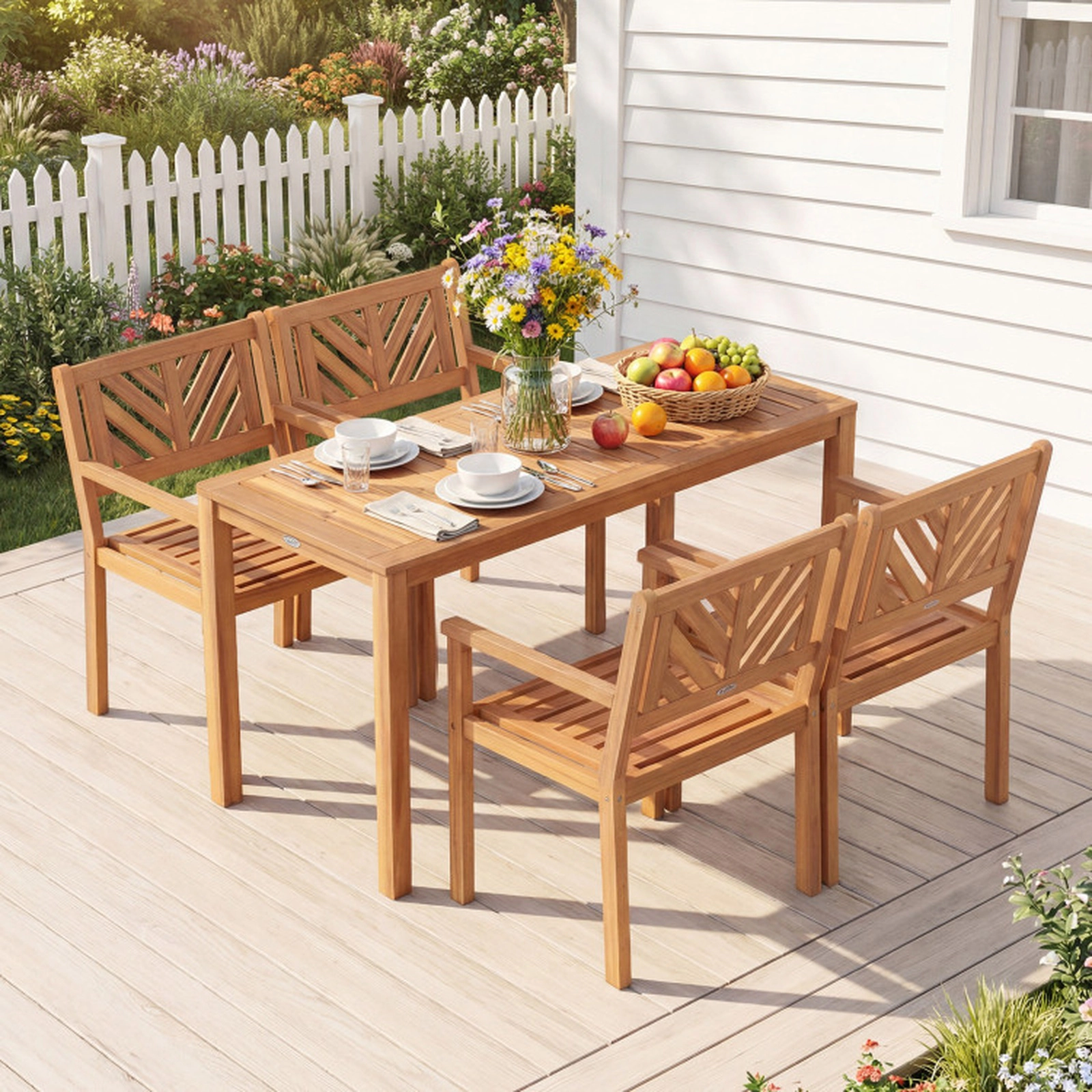 SUGIFT Set of 4 400-lb Capacity Teak Acacia Wood Outdoor Dining Chairs with Slatted Back and Armrests
