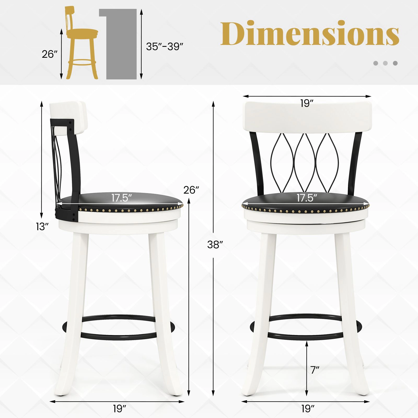 SlickBlue Set of 2 Black White Kitchen Island Chairs with 360° Swivel Cushion Seat