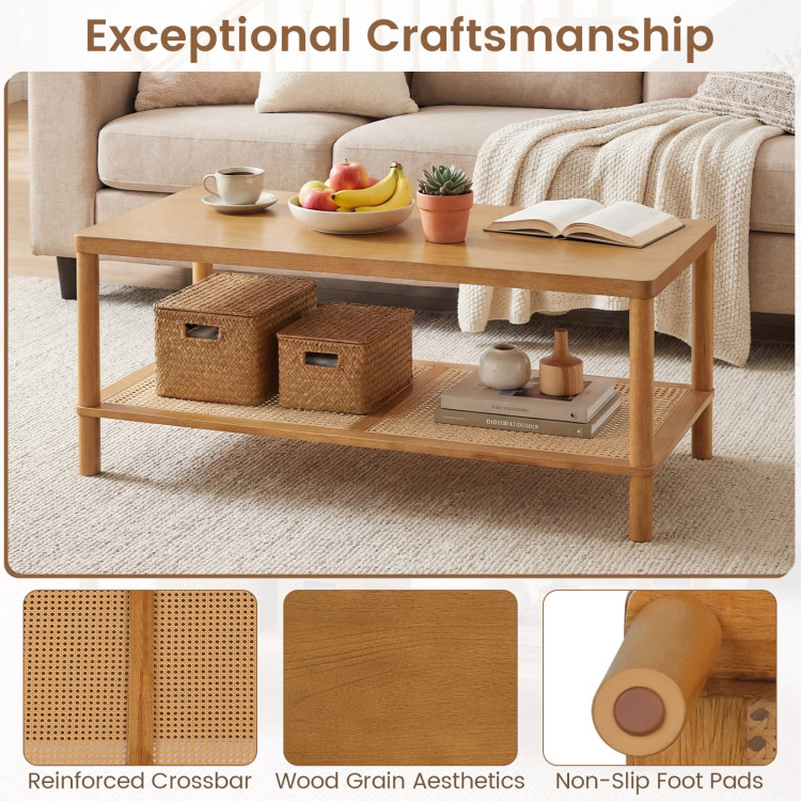 SUGIFT 39-in 185-lb Capacity 2-Tier Rustic Boho Rectangular Coffee Table with Woven PVC Rattan Shelf