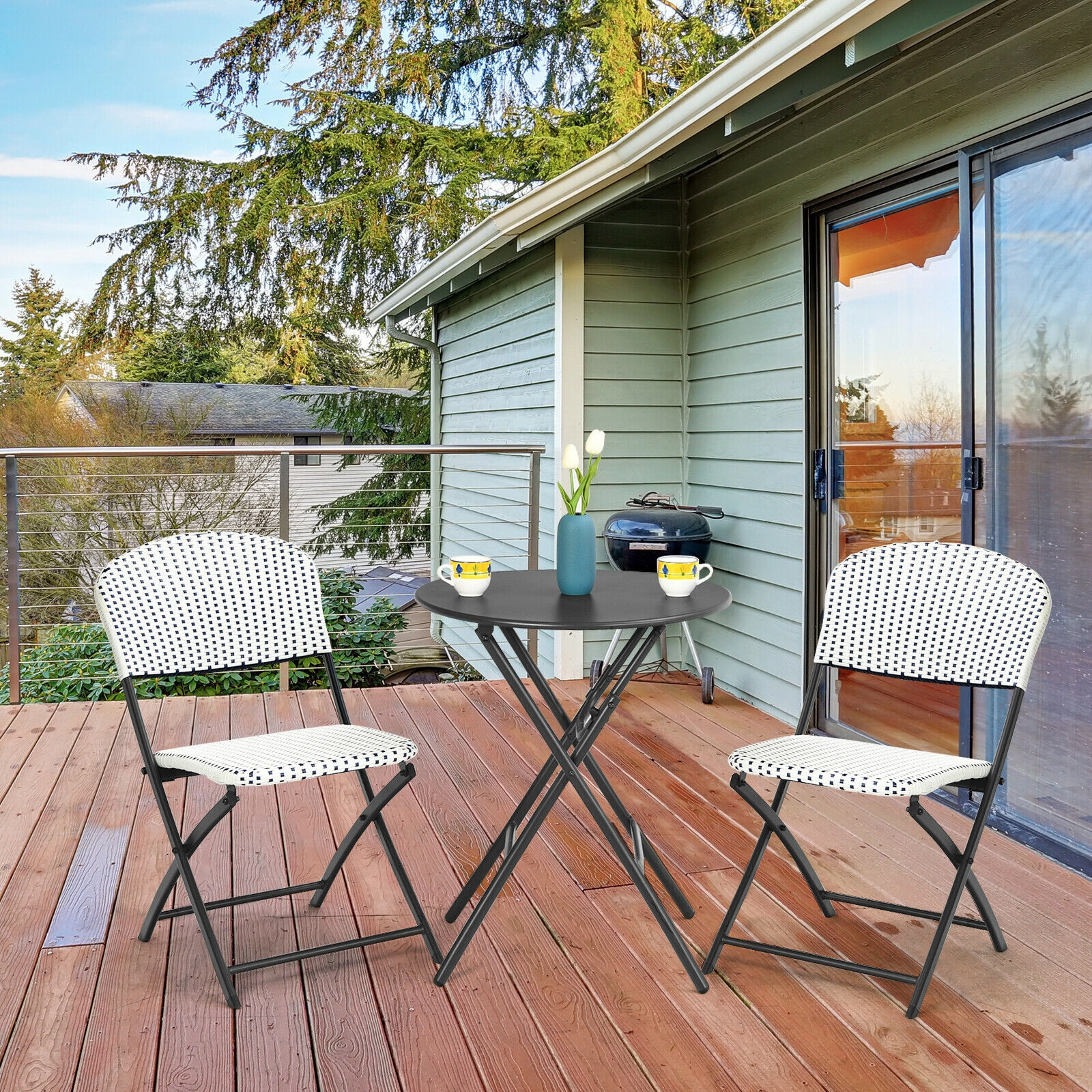 SUGIFT 3-Piece Folding Rattan Bistro Set, Round Table and 2 Chairs
