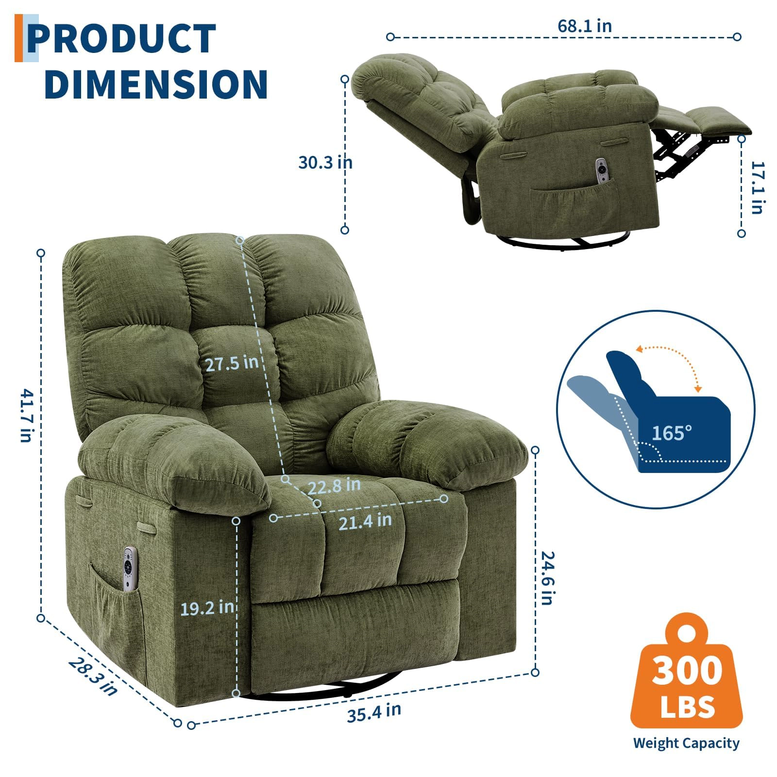 BebreezChic Heated 360° Swivel Rocking Massage Recliner Chair,GREEN
