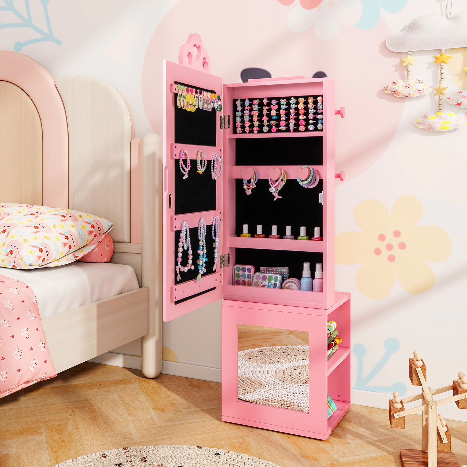 SUGIFT Kids Jewelry Cabinet and Dress-Up Organizer with Floor-Length Mirror and Back Panel Hooks