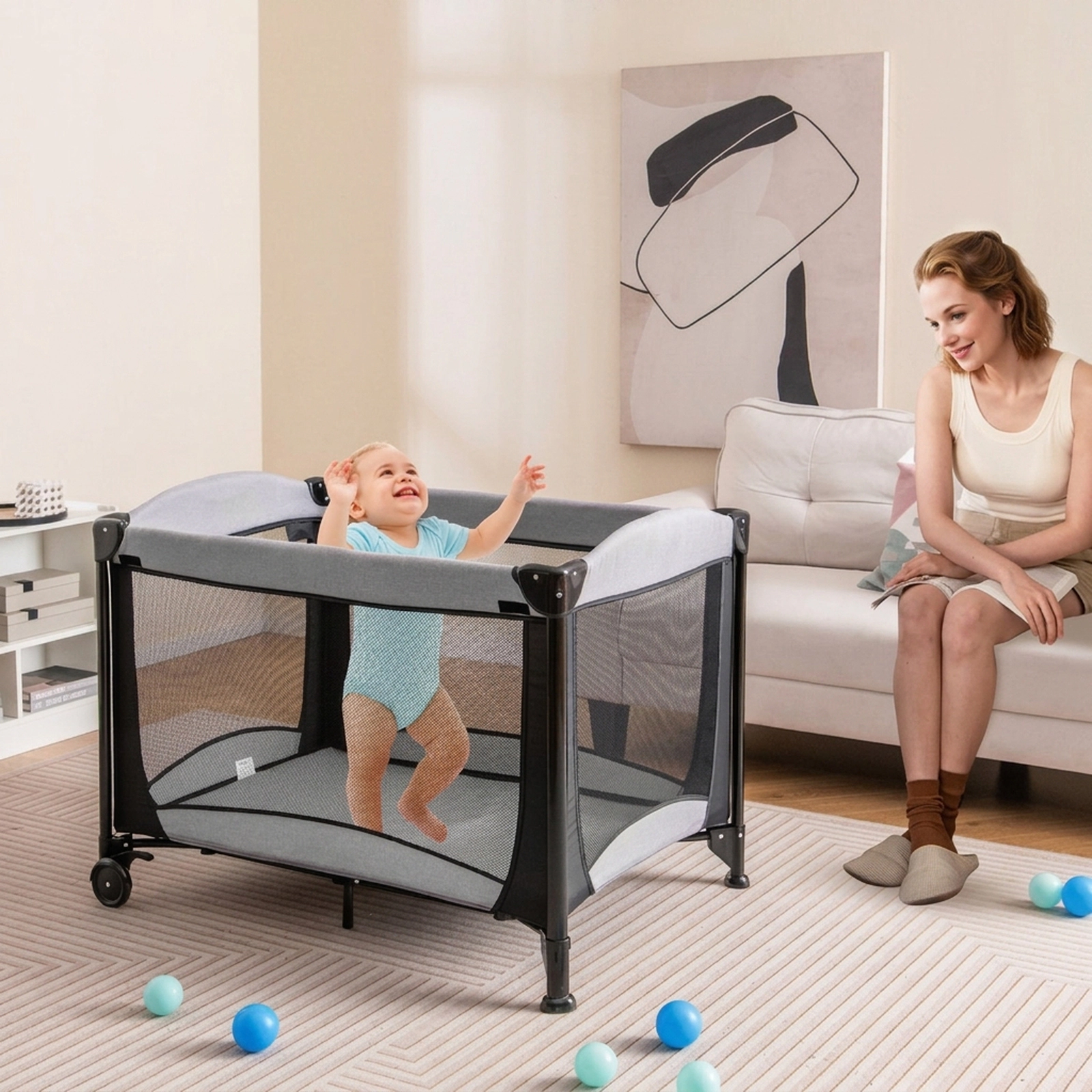 SUGIFT Baby 5-in-1 Removable Cradle Changing Table Storage Basket Playard 43.5-in x 31-in x 31-in 33-lb Capacity Black