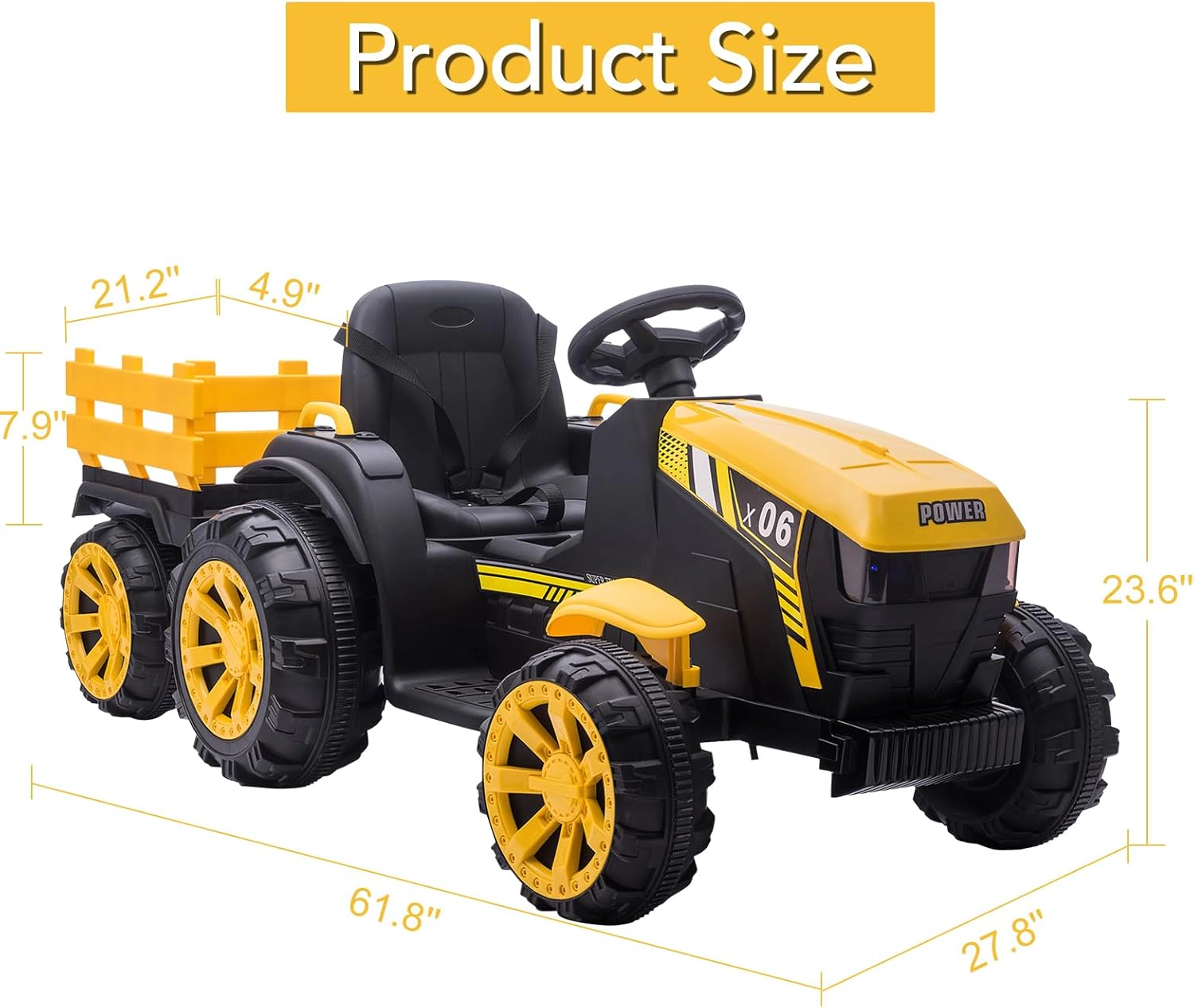 Enjyam 12V Kids Ride On Tractor w/Remote, 7Ah Battery, Dual 35W Motors, Detachable Trailer, LED Lights, Music