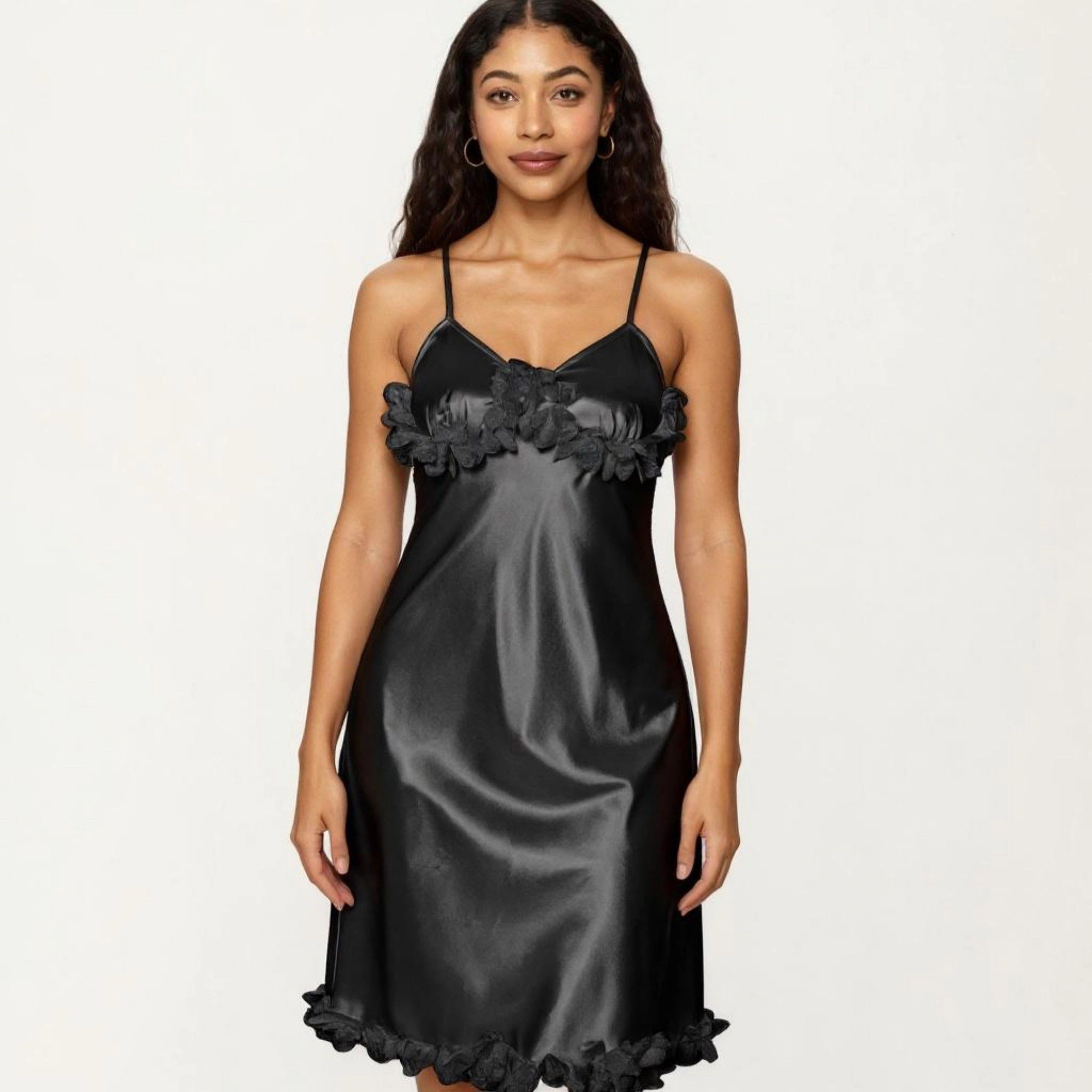 Anna-Kaci Women's Satin Midi Slip Dress with 3D Floral Trim Bodice and Ruffled Hem Detail for a Soft Sculpted Silhouette