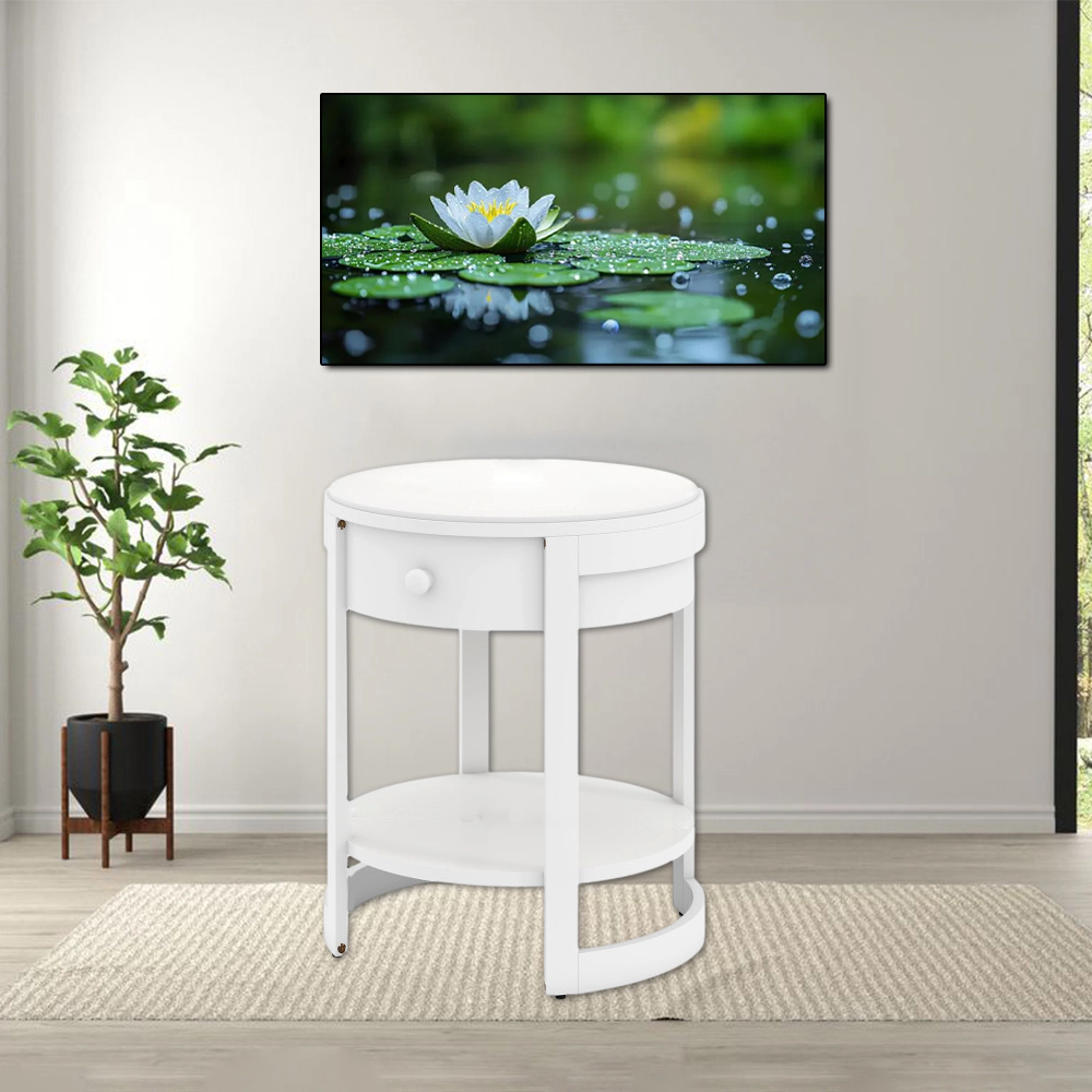 Hivvago Wooden 2-Layer Accent Table with Drawer and Round Design for Bedroom or Living Room