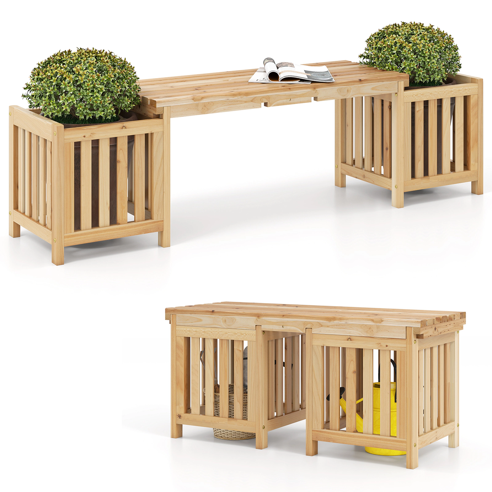 LJG Patio Wooden Bench with Planter 2 Person Patio Bench