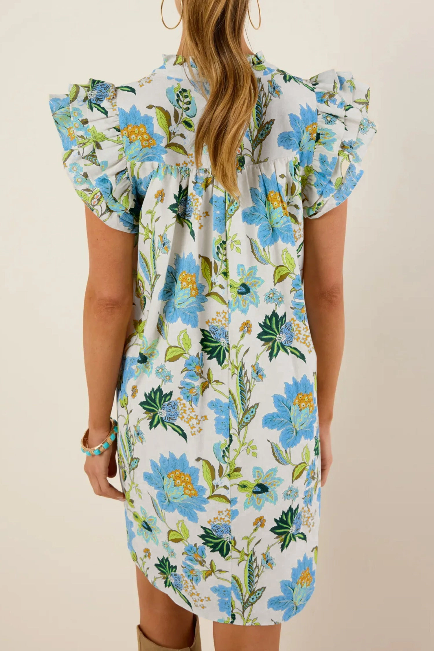 Threaded Pear Womens Giuliana Sleeve Shift Mini Dress - Floral V-Neck, Triple Ruffle Sleeves
