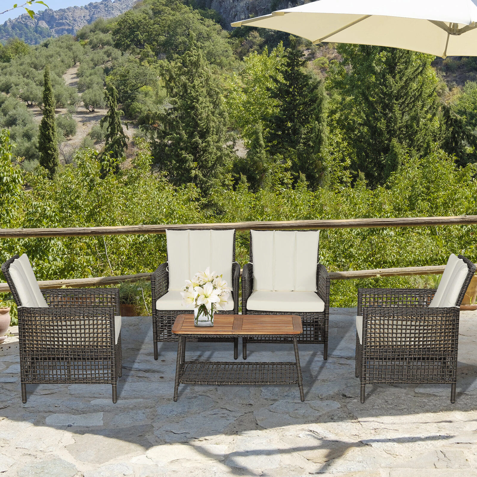LJG 5 Pieces Patio Rattan Furniture Set Cushioned Sofa Armrest Wooden Tabletop