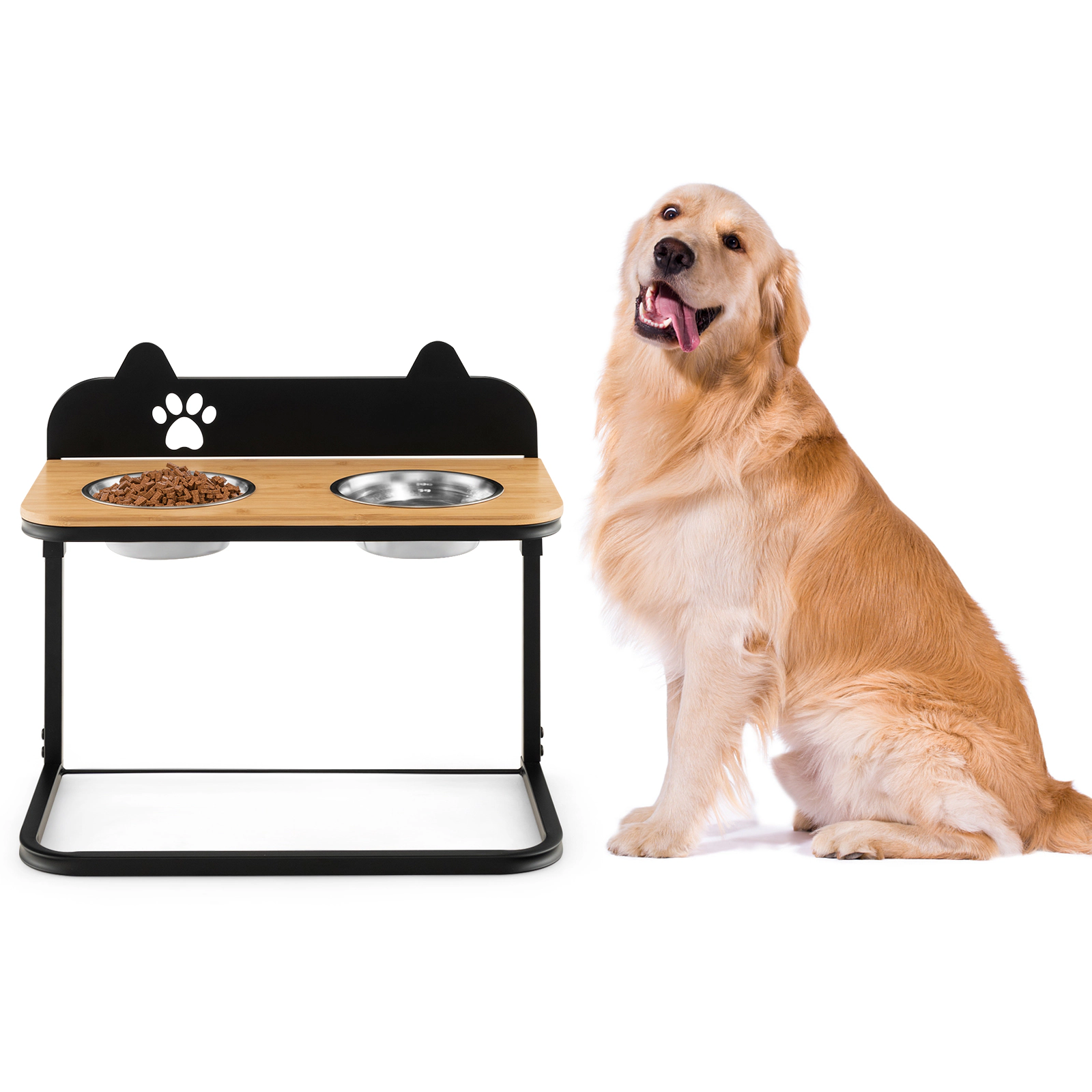 SUGIFT Black Bamboo Elevated Dog Bowl Stand with 2 Stainless Steel Bowls 21-in W 12-in D 21-in H