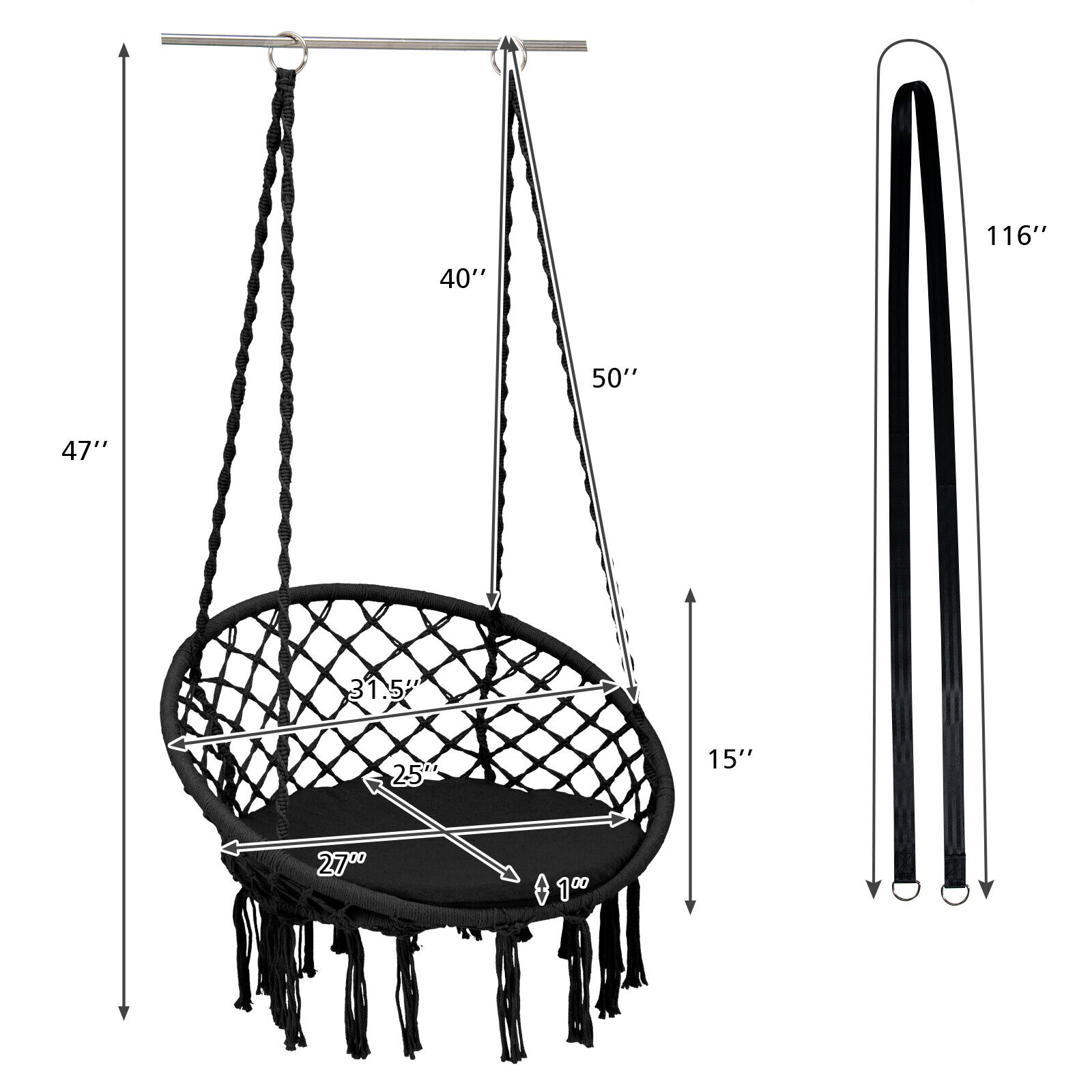 SUGIFT Cushioned Hammock Swing Chair with Hanging Kit 31.5-in Round Frame 330-lb Capacity Black