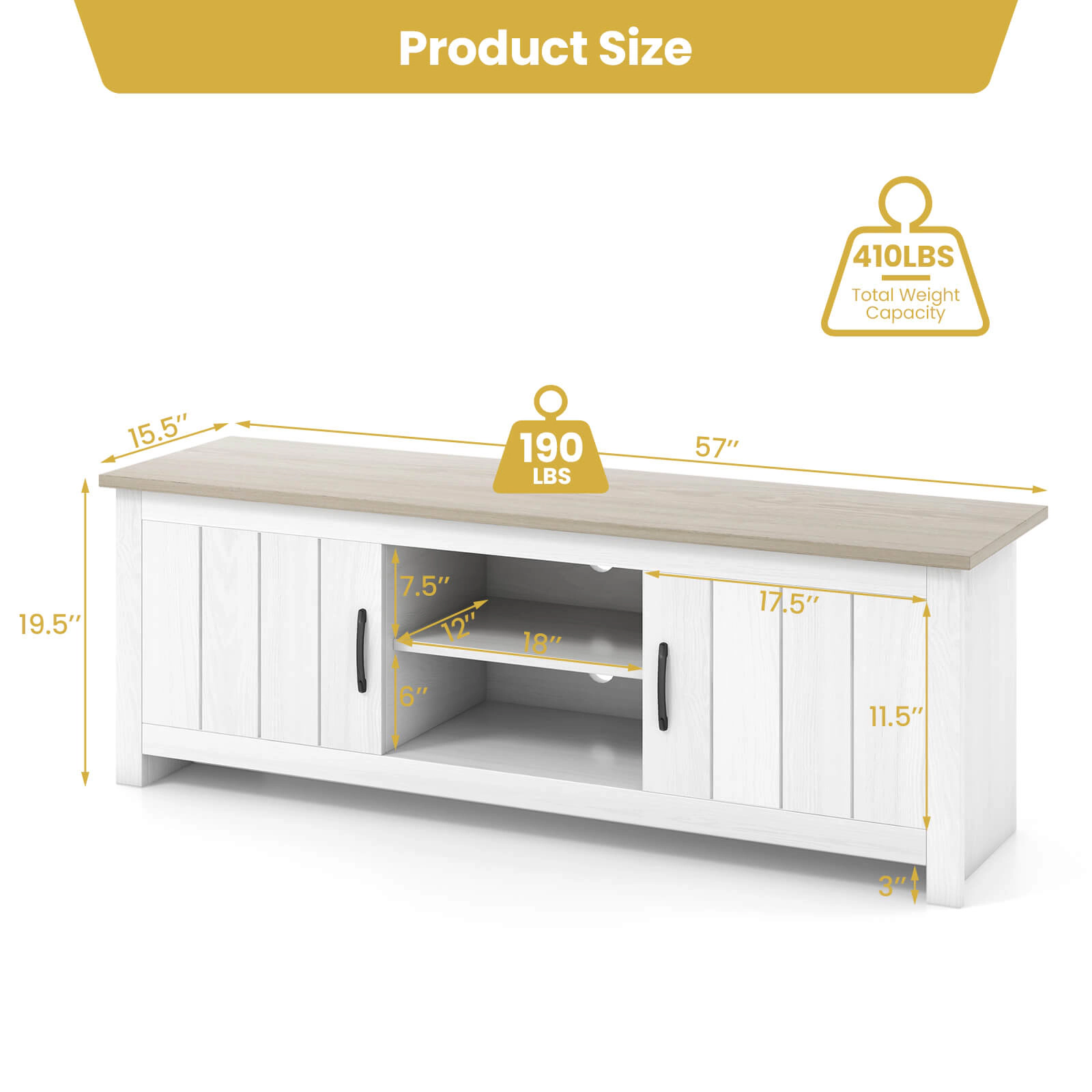 SUGIFT 57-In TV Stand, Natural Woodgrain Top, White Cabinet, Fits TVs Up to 65 Inches
