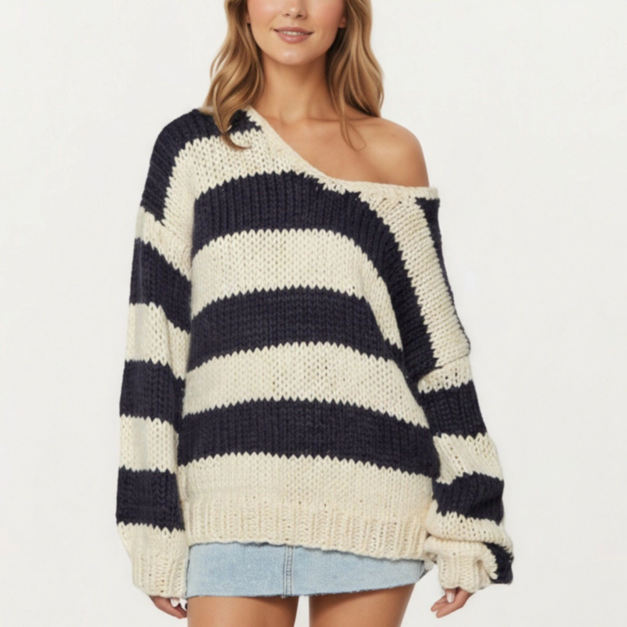 Anna-Kaci Women's Oversized Striped Knit Sweater with Soft Chunky Texture Slouchy Off-Shoulder Fit