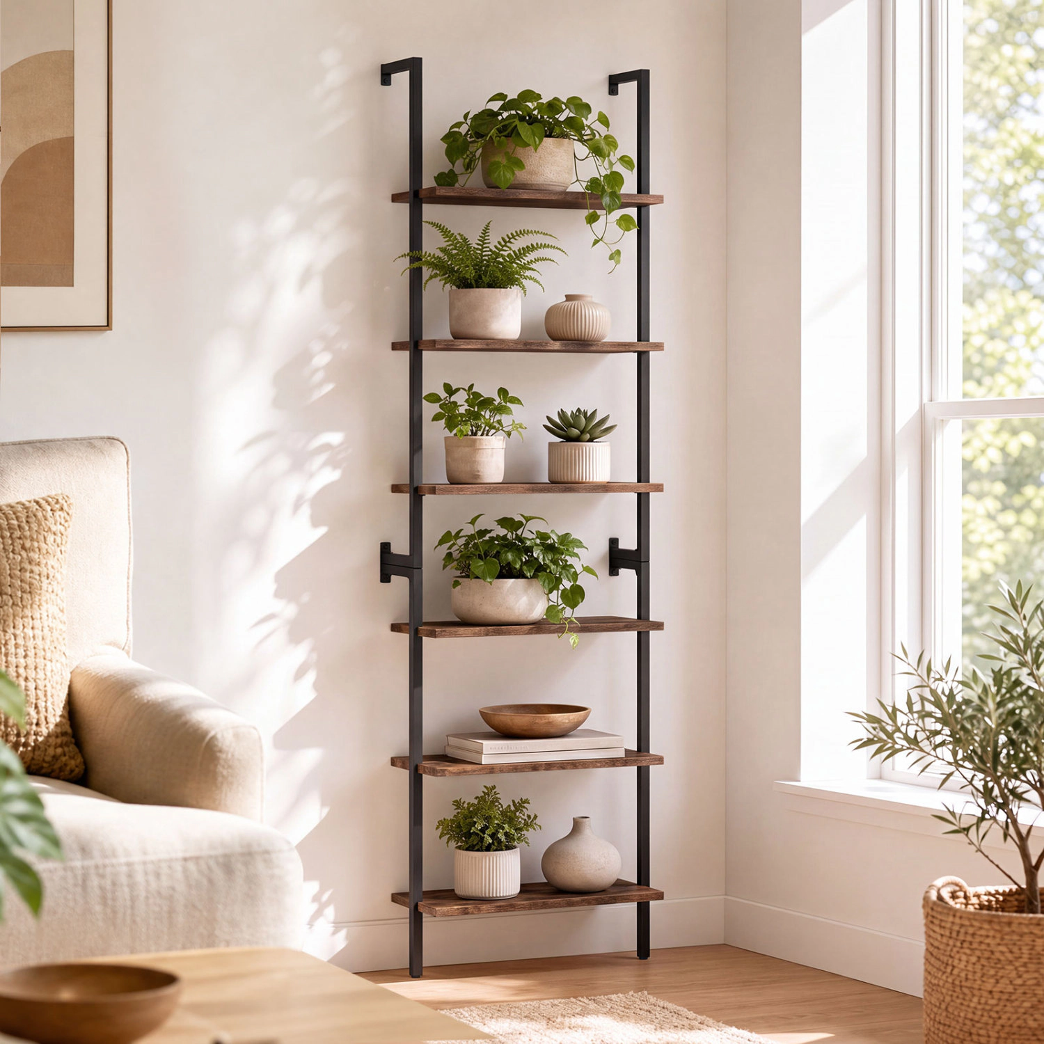 LJG 6-Tier Freestanding Ladder Storage Bookshelf with Metal Frame for Study and Pantry