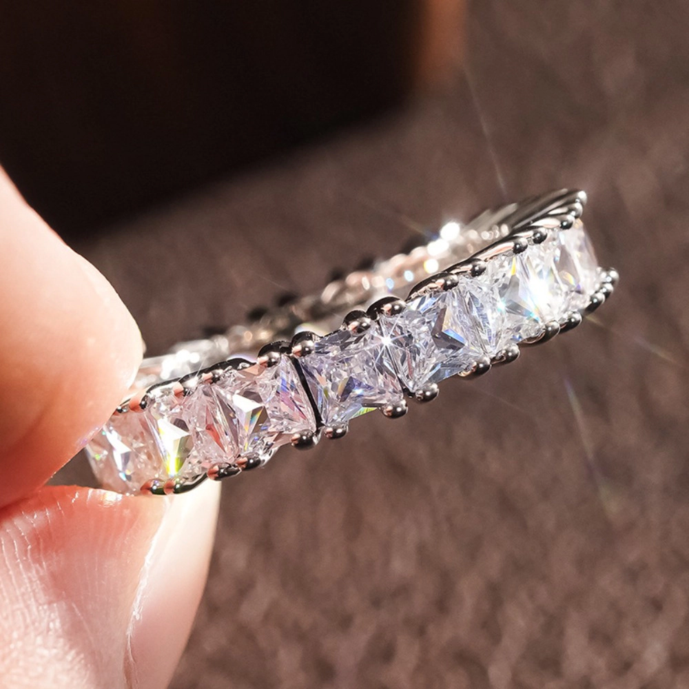 Silver Plated Square Cubic Zirconia Inlaid Minimalist Shining Ring