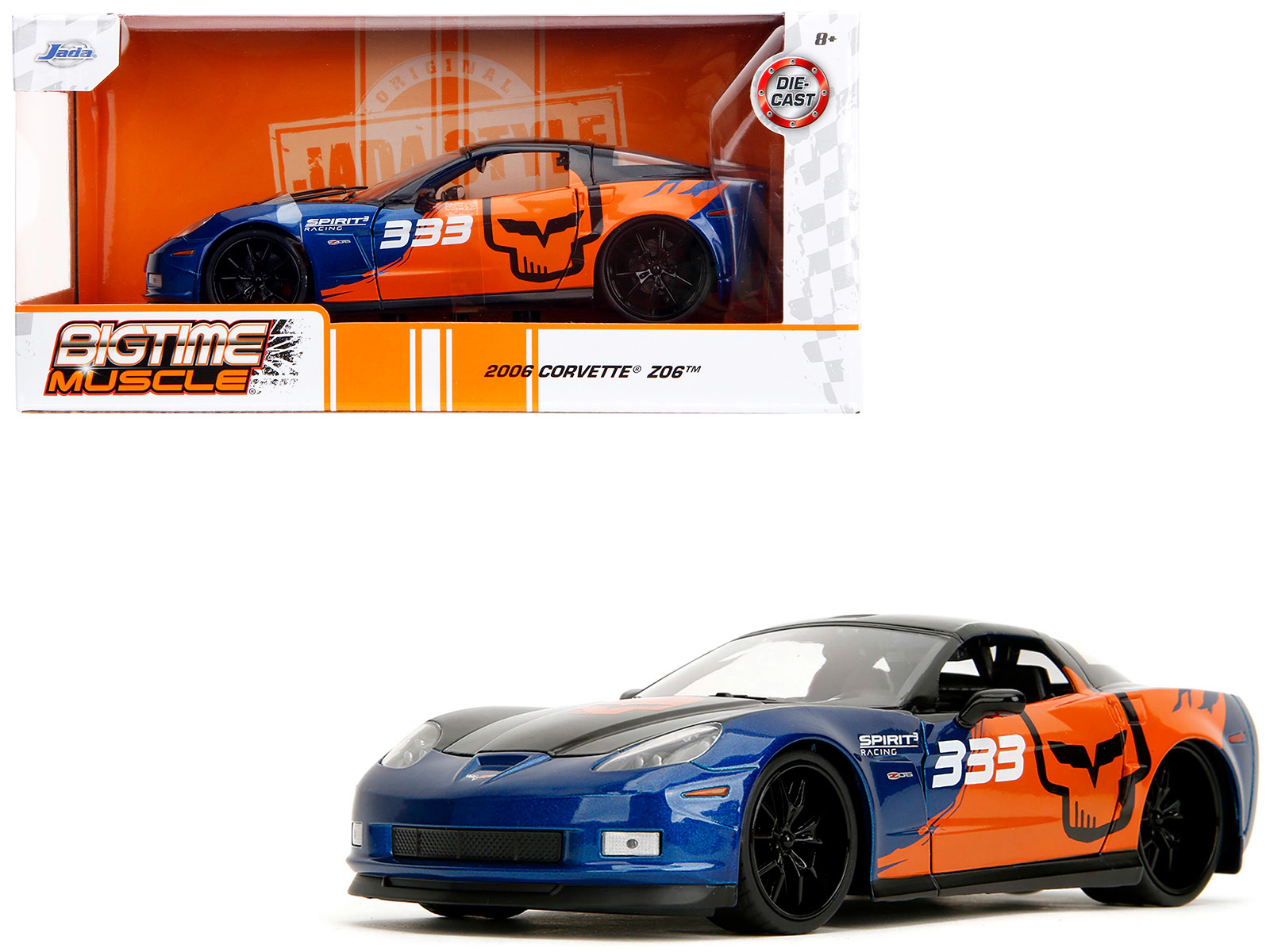 Jada 2006 Chevrolet Corvette Z06 #333 "Spirit Racing" Blue Metallic and Orange with Black Hood and Top