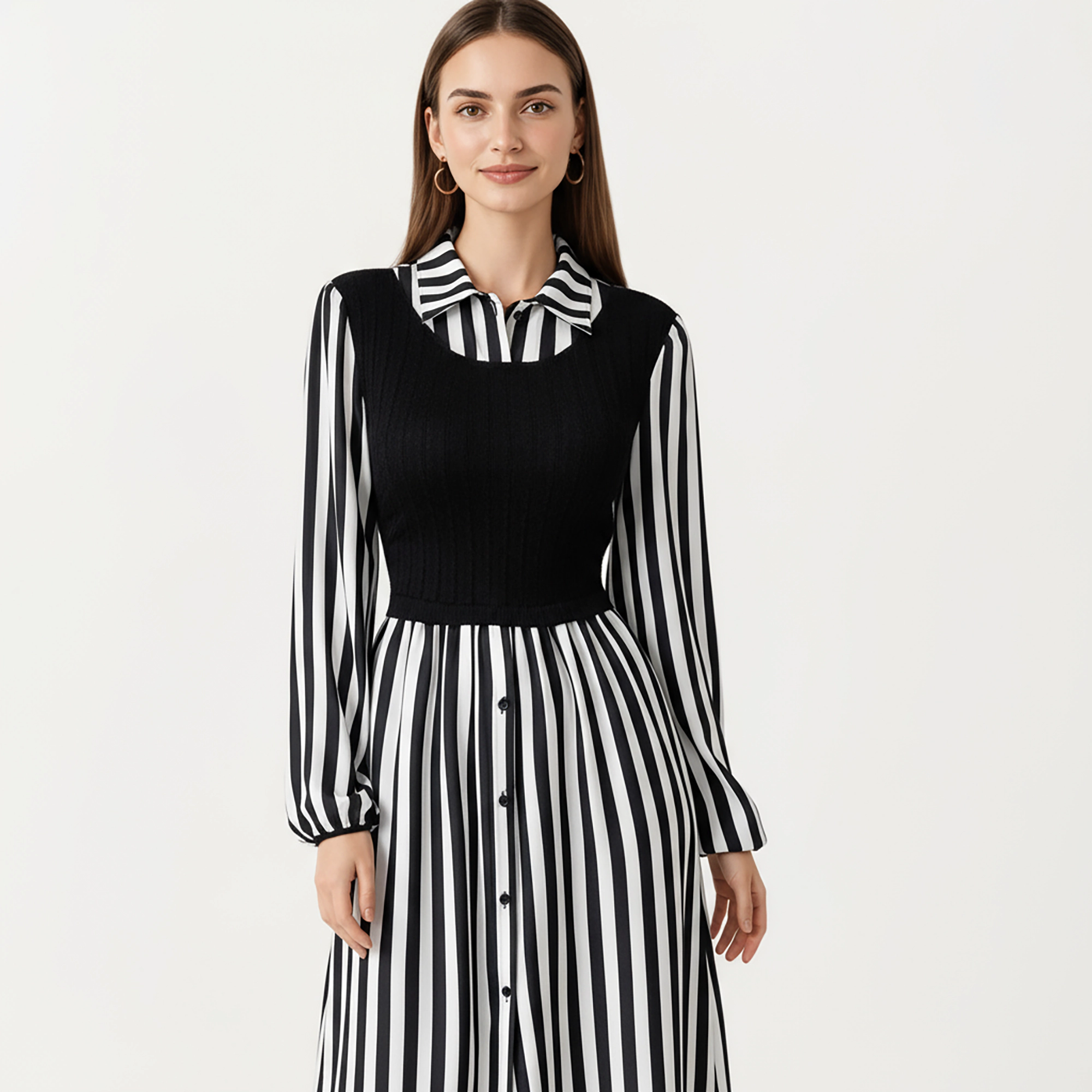 Anna-Kaci Women's Long Sleeve Striped Button Front Knit Vest Overlay Collared Neck Midi Dress