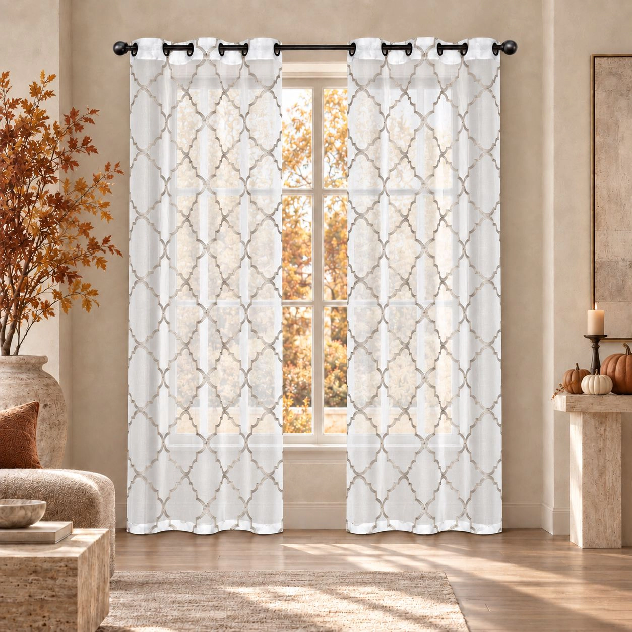 Kate Aurora Lux Home 2 Pack Shabby Trellis Semi Sheer Embroidered Clover Grommet Top Curtains