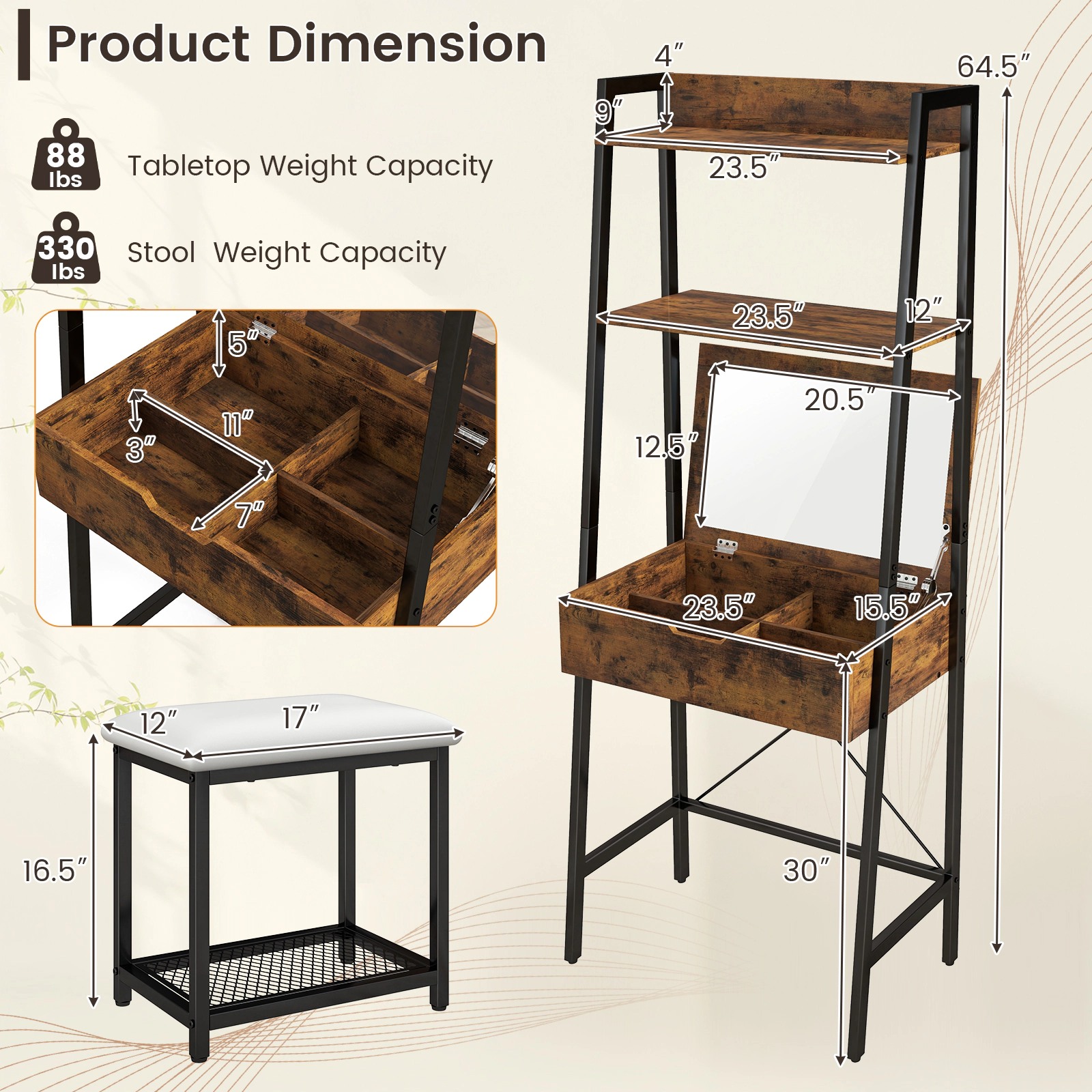 SUGIFT Ladder Vanity Desk Set with Flip Top Mirror and Cushioned Stool 88-Lb Top 330-Lb Stool Black Rustic Brown White