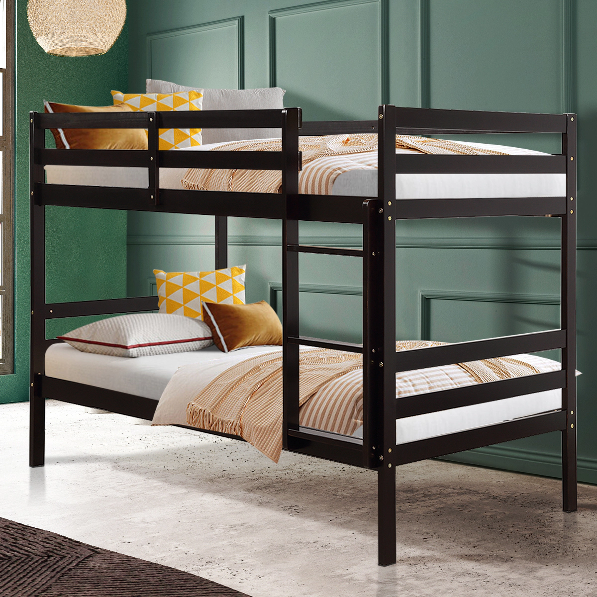 SUGIFT Twin-Over-Twin Bunk Bed with Guardrails and Wide Ladder 330-lb Upper 400-lb Lower Capacity Brown