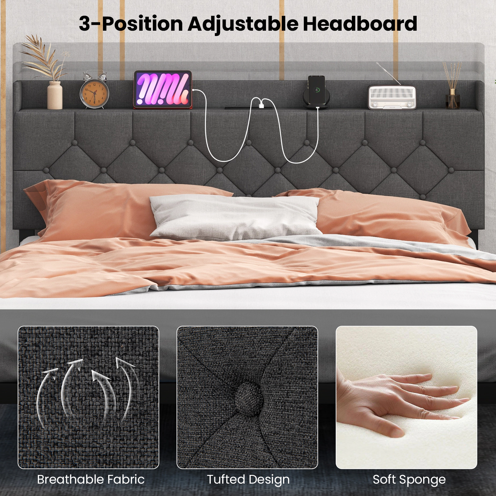 SUGIFT Floating Full/Queen Size Bed Frame with LED Storage Headboard and Charging Station 660-lb Capacity Gray