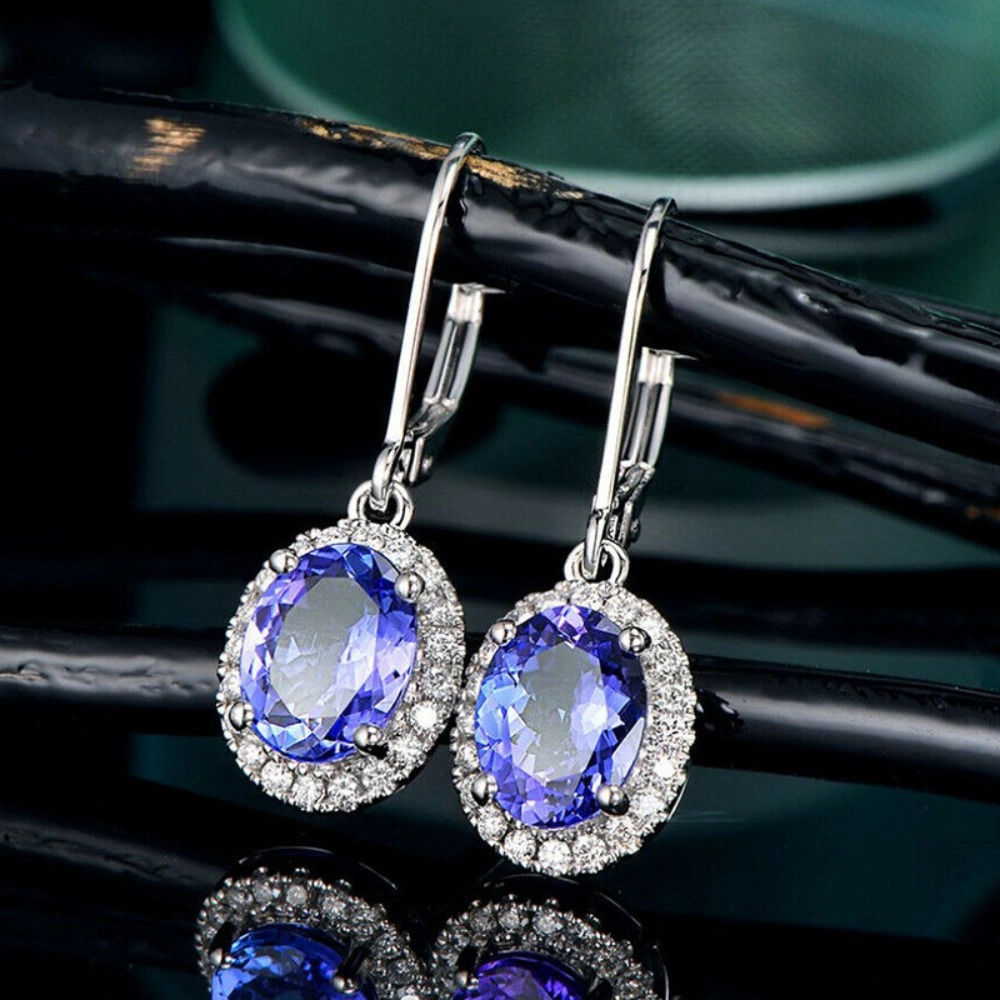 Oval Blue Gemstone Halo Leverback Drop Earring