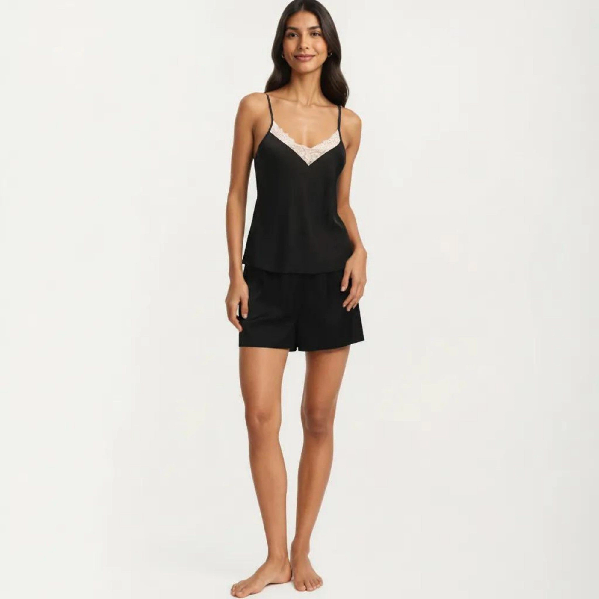 Anna-Kaci Women's 2-Piece Smooth Pajama Camisole Top and Shorts with Lace Trim Adjustable Straps Relaxed Sleepwear