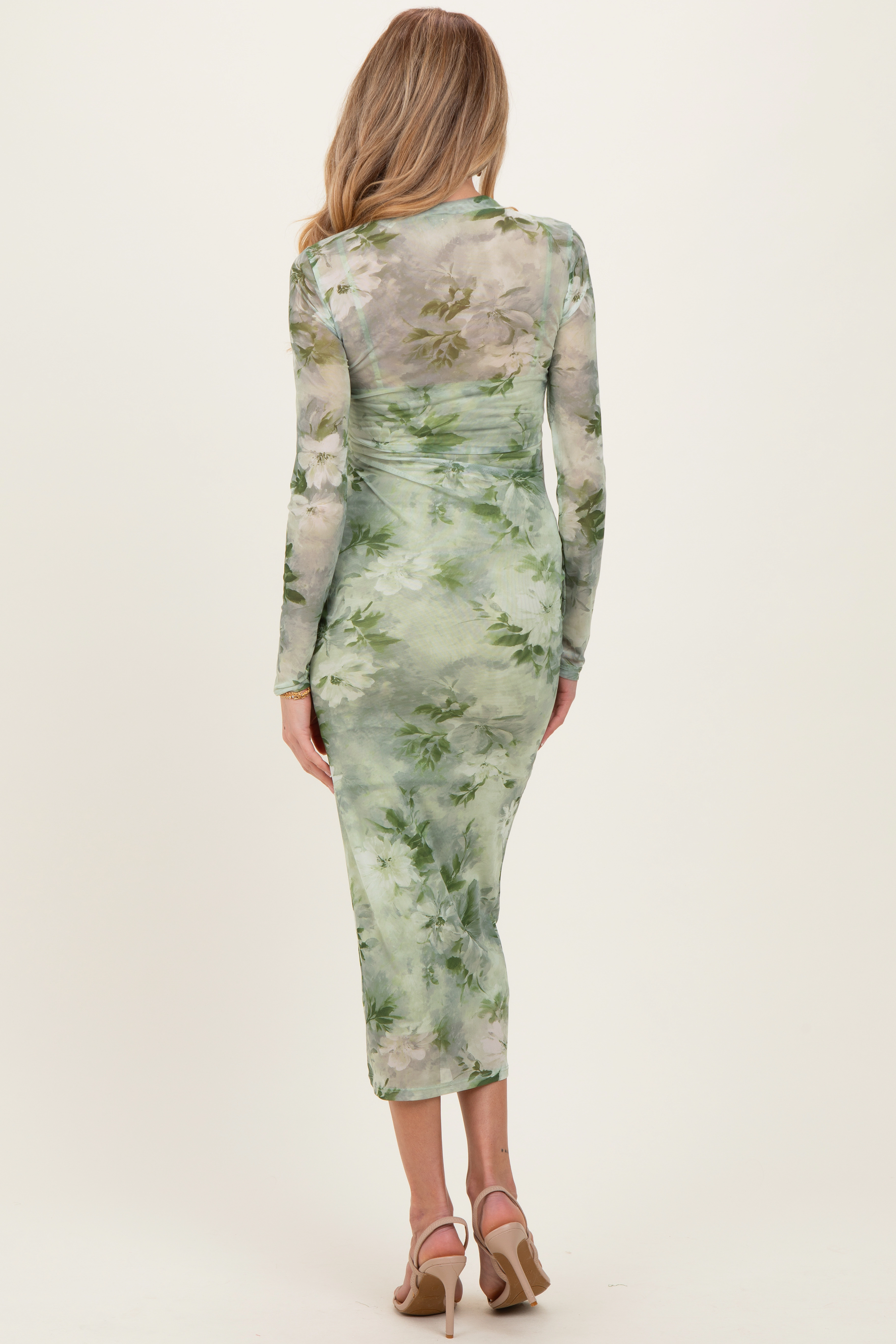 PinkBlush Womens Light Olive Floral Mesh Overlay Maternity Maxi Dress