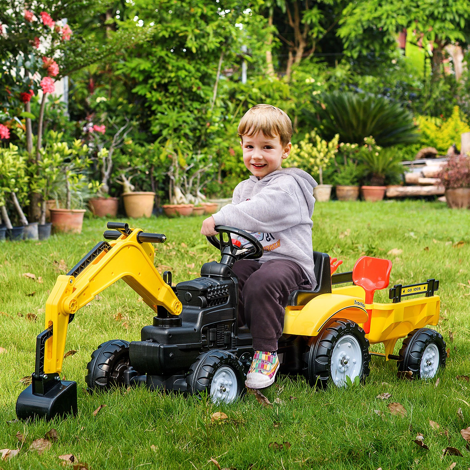 HONGGE Yellow Pedal Ride-On Excavator Digger Truck for Kids with Detachable Trailer, Ages 3-6, Holds up to 77 lbs