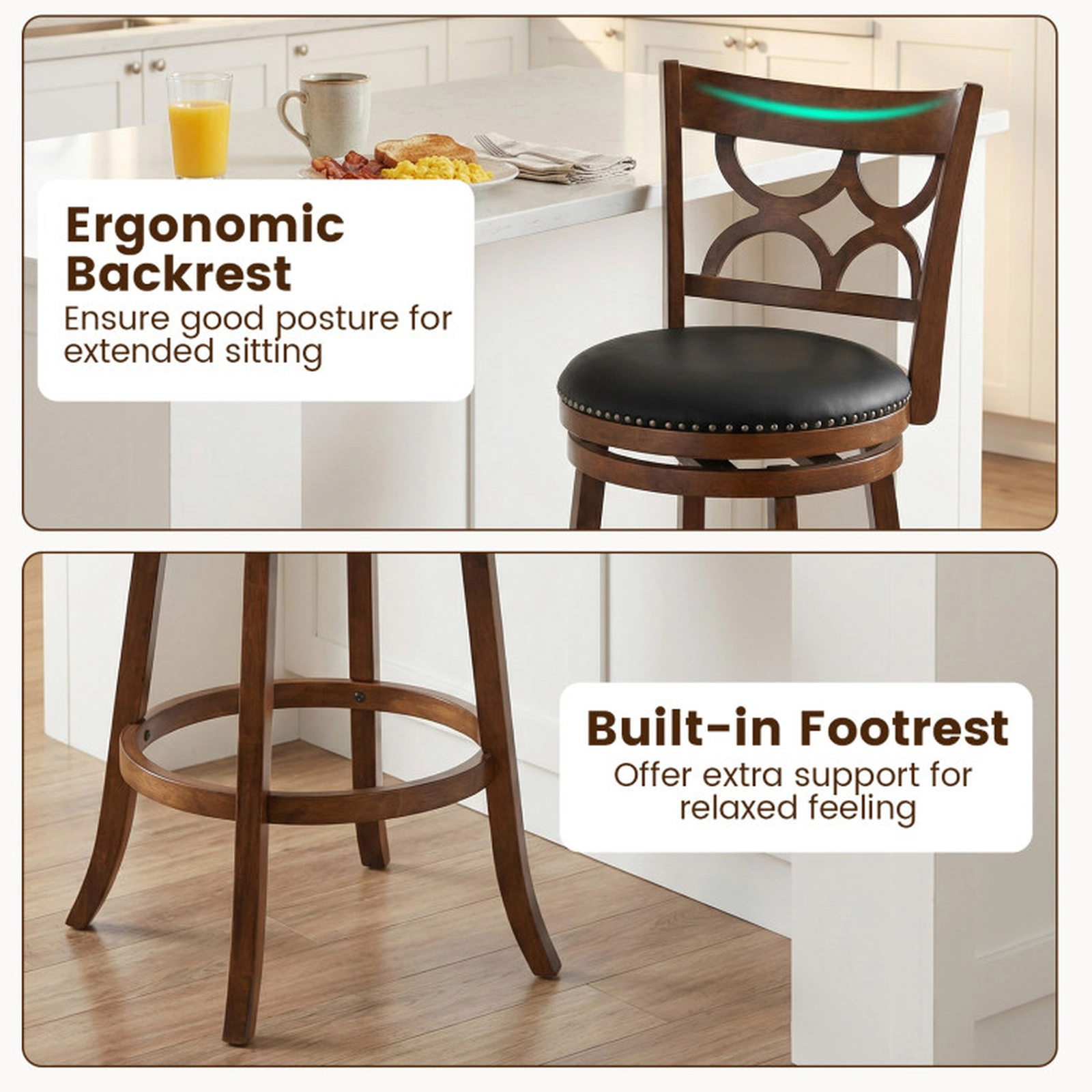 SUGIFT Set of 2 Espresso Swivel Bar Stools, High Backrest, Nailhead Trim, 26/31 in Seat Height