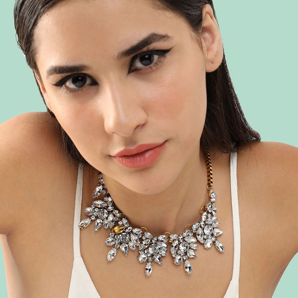 SOHI Women's Crystal Silver Chunky Crystal Statement Necklace